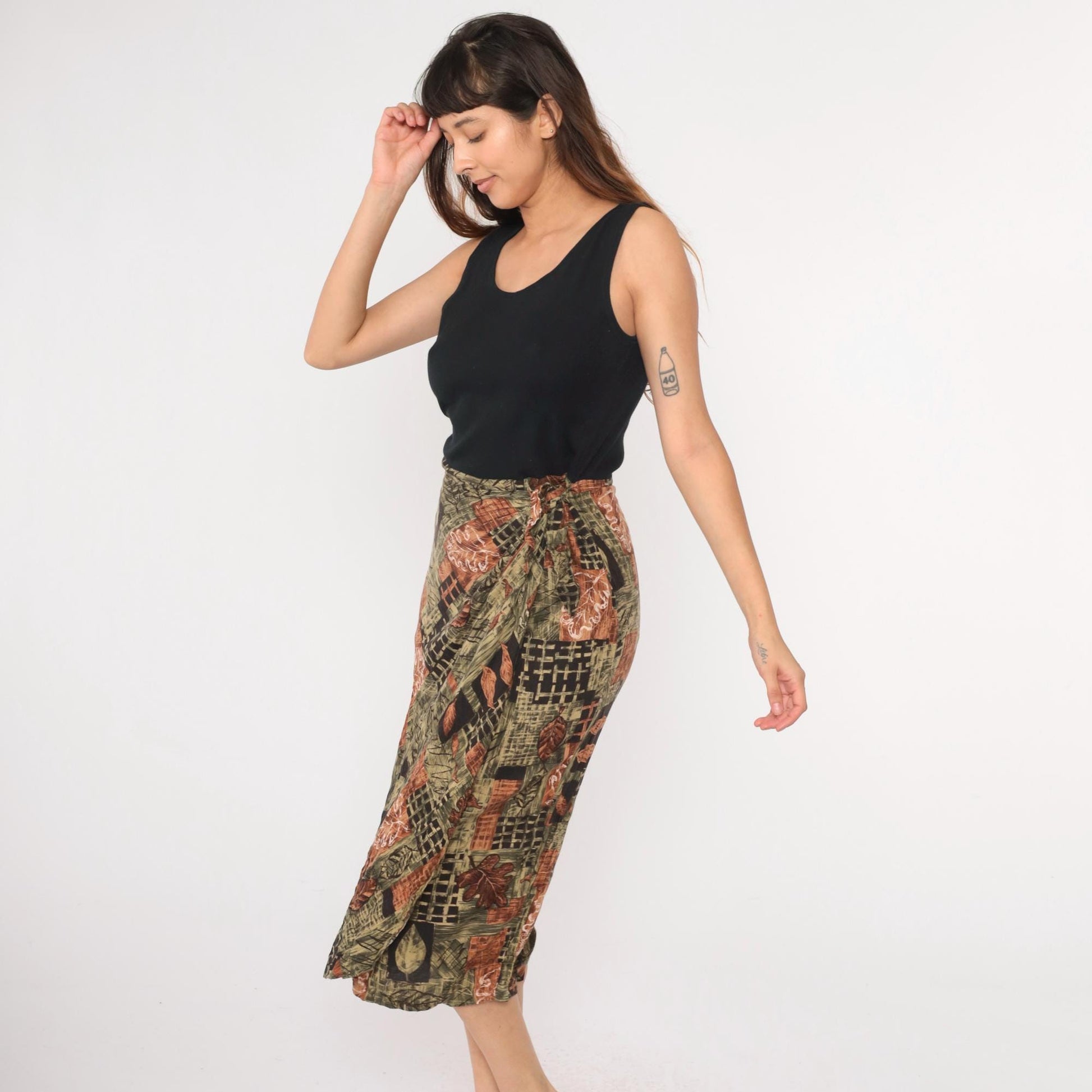 90s UM & Company Leaf Print Midi Dress Black High Waist Wrap Sleeveless Medium