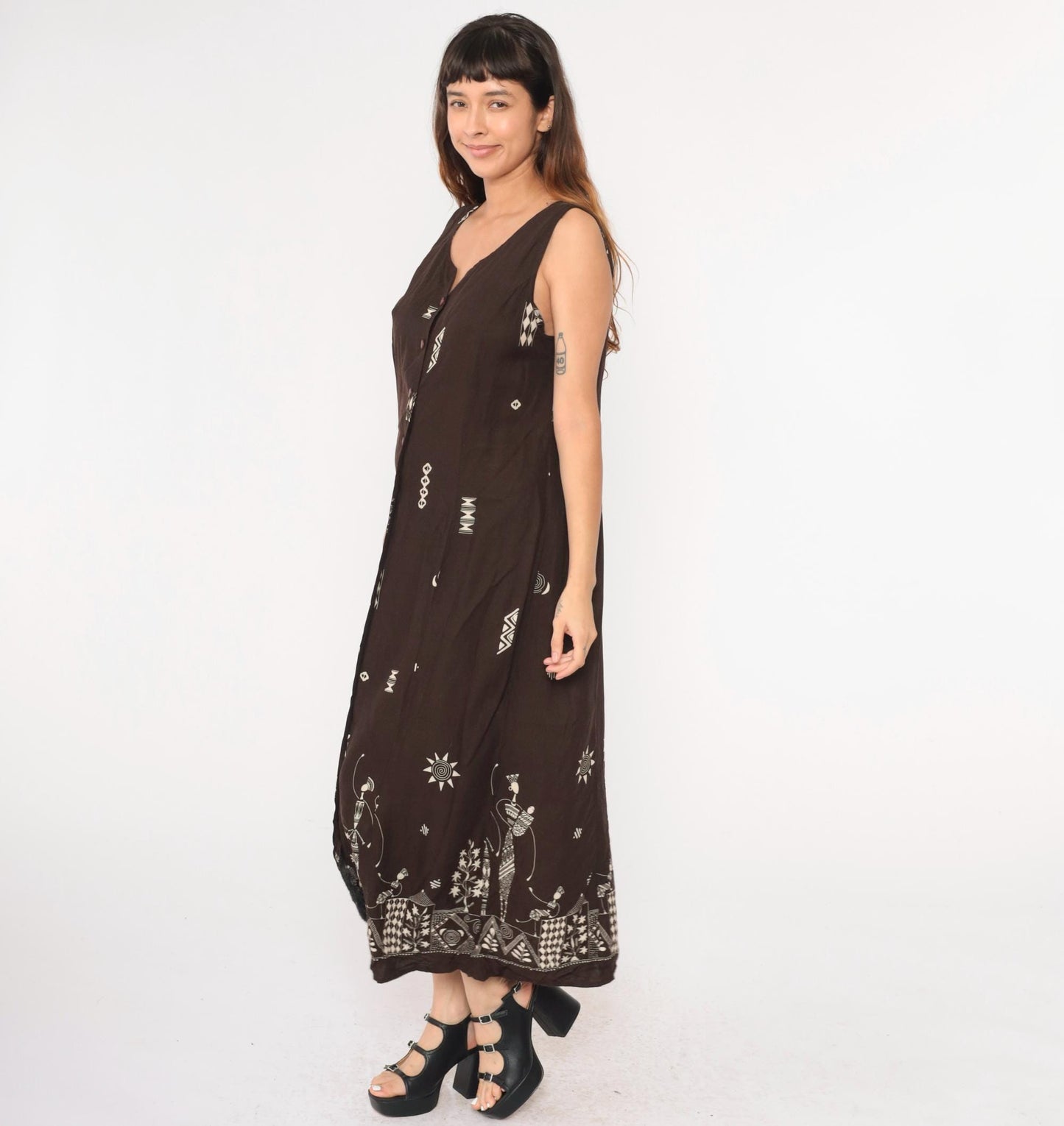 Y2K African Print Maxi Dress Brown Button-Up Sleeveless Geometric Cage Back Extra Large XL
