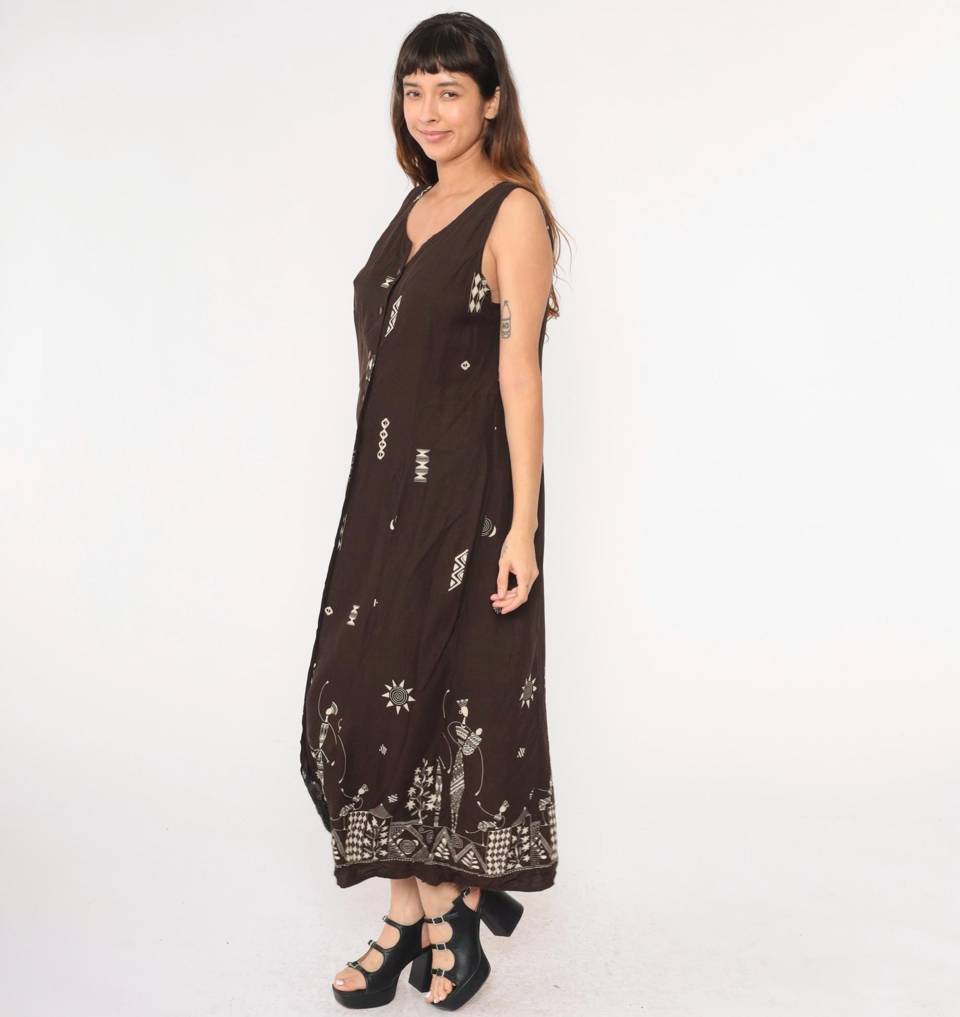 Y2K African Print Maxi Dress Brown Button-Up Sleeveless Geometric Cage Back Extra Large XL