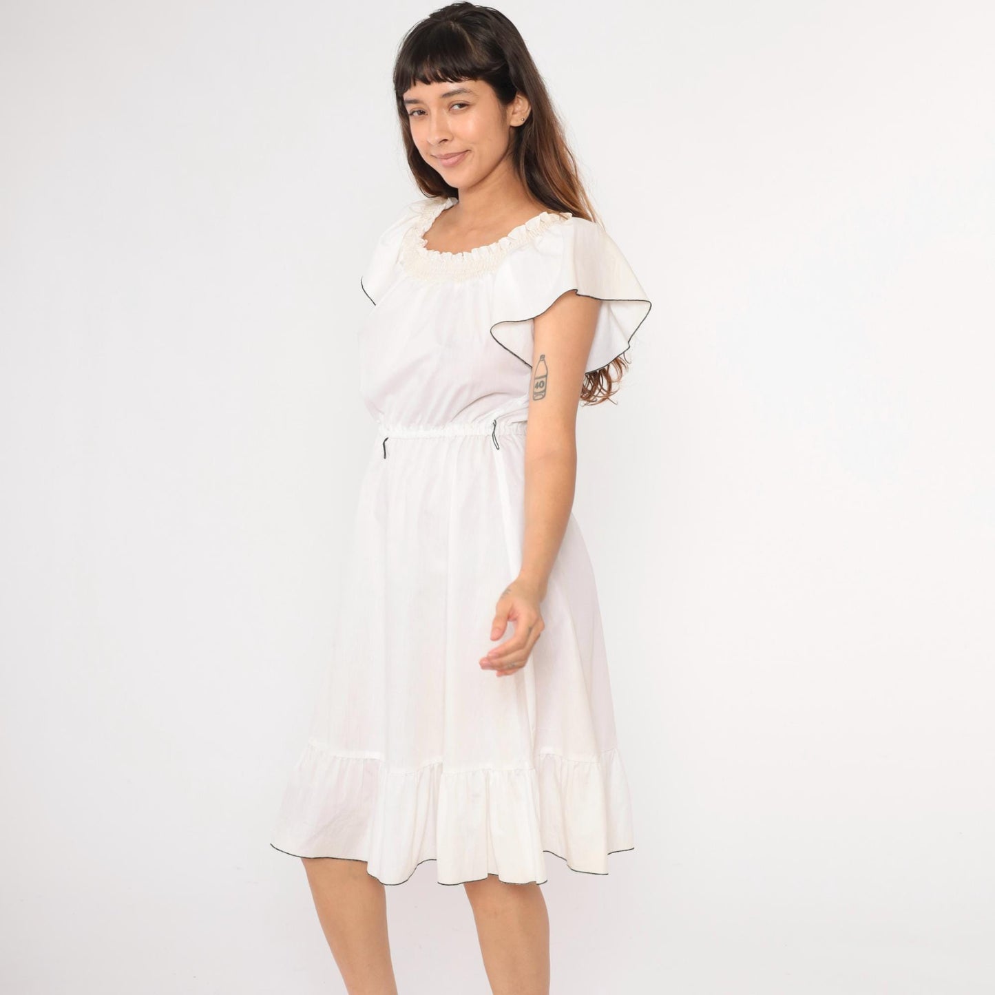80s White Peasant Dress Smocked Neckline Flutter Sleeve Midi Medium