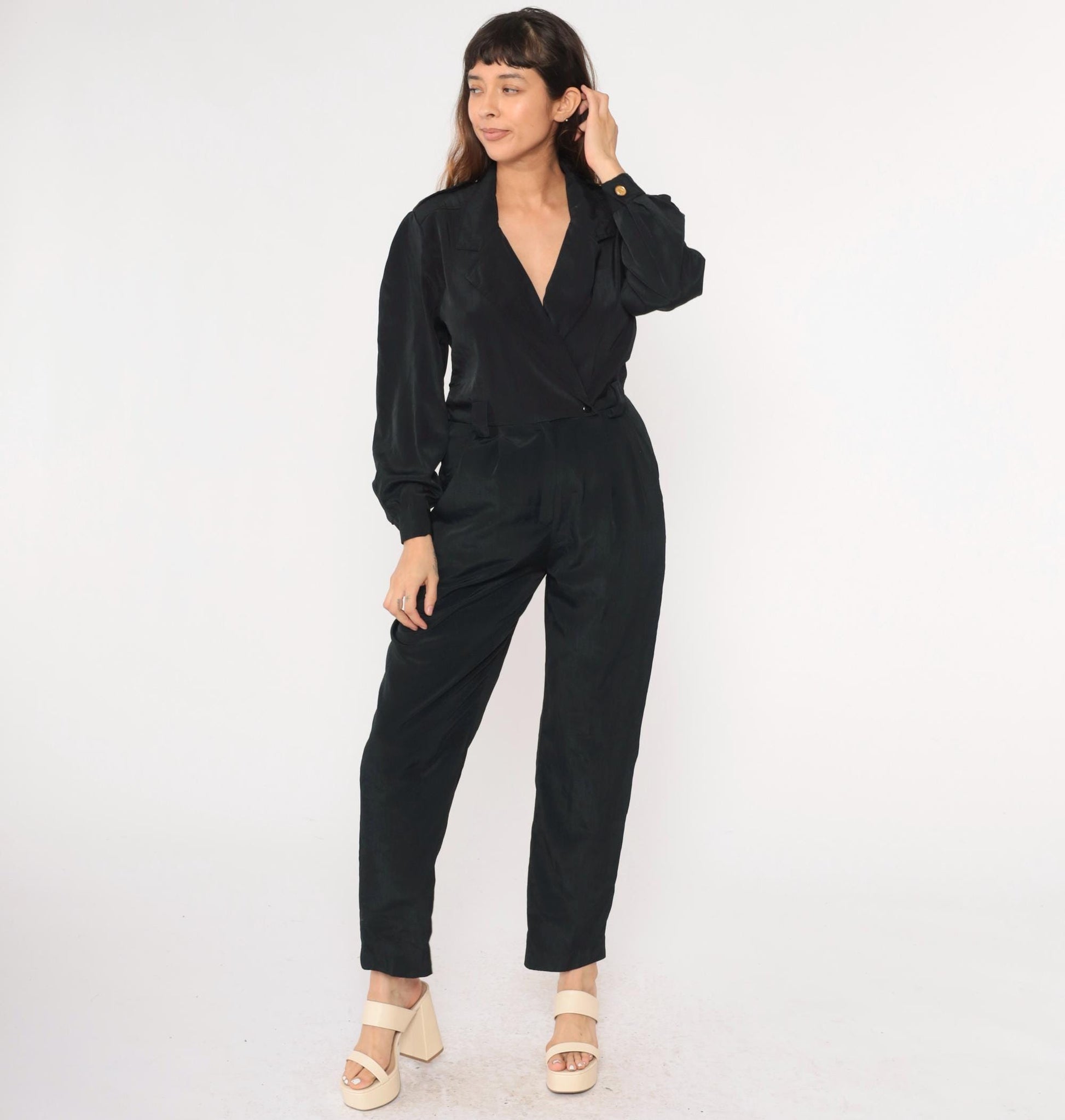 90s Black Jumpsuit V-Neck Wrap High Waisted Straight Leg Long Sleeve Small