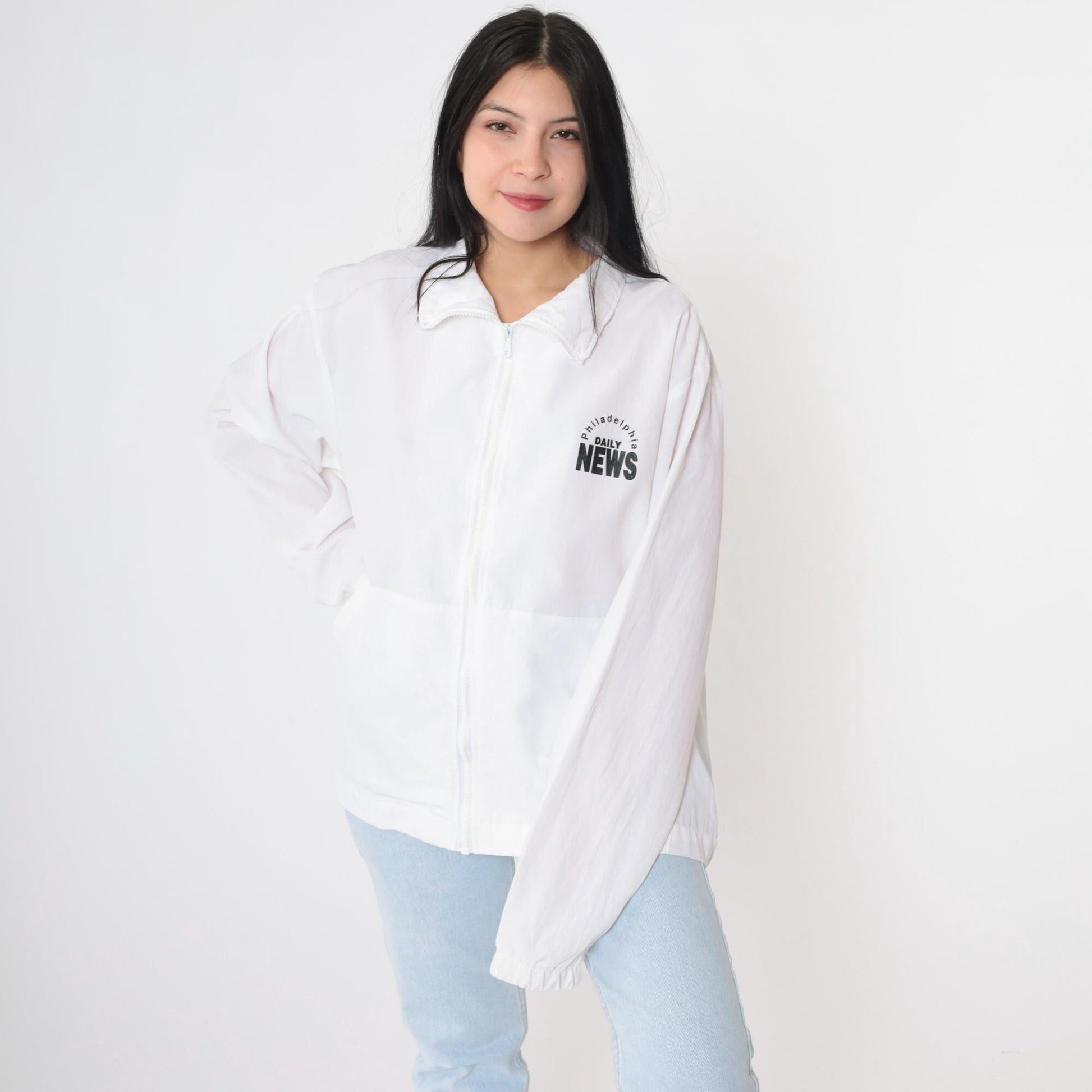 90s Philadelphia Daily News Windbreaker Jacket White Zip-Up Large