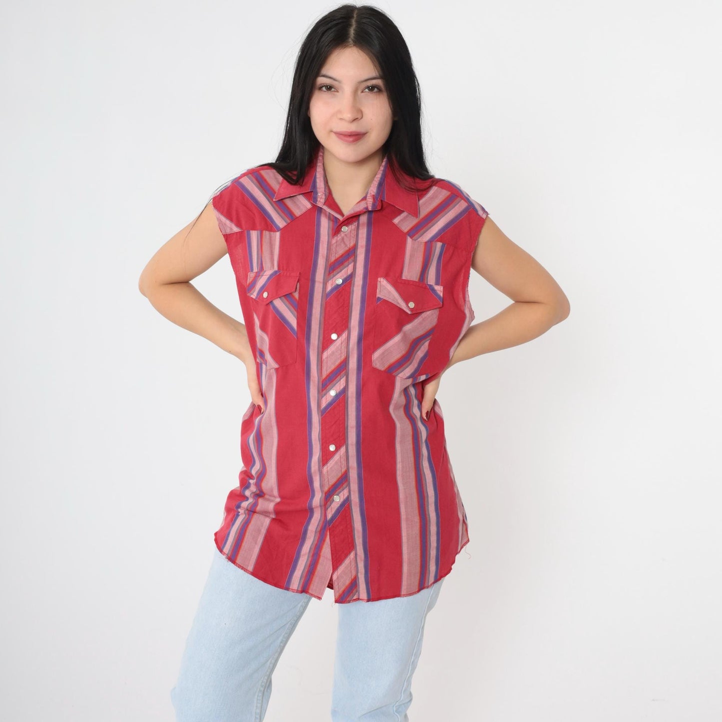 90s Wrangler Western Sleeveless Shirt Cherry Red Striped Pearl Snap Men's Medium