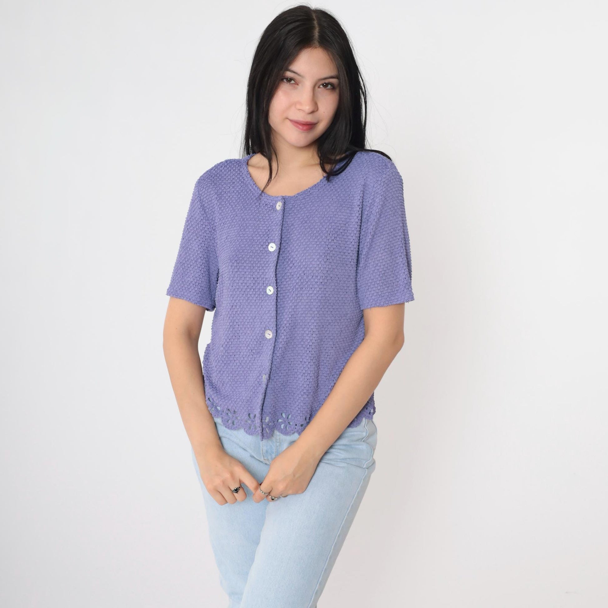 90s Lavender Cutwork Cardigan Sheer Knit Floral Cutout Button-Up Medium