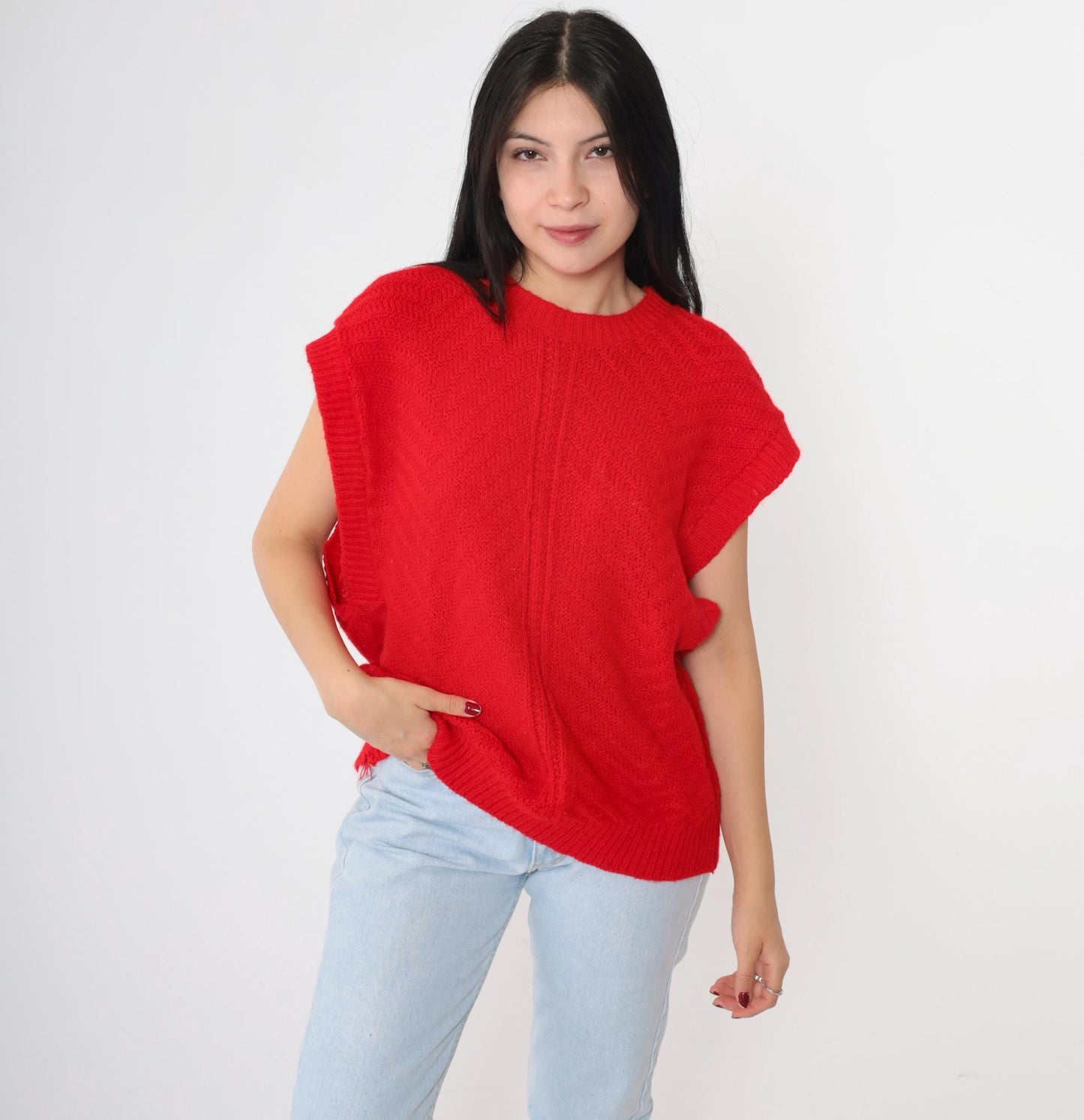 80s Fortune Knits Red Chevron Knit Top Cap Sleeve Medium