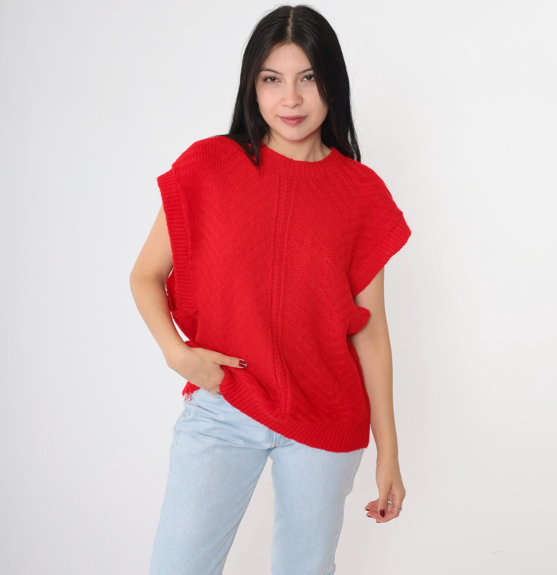 80s Fortune Knits Red Chevron Knit Top Cap Sleeve Medium