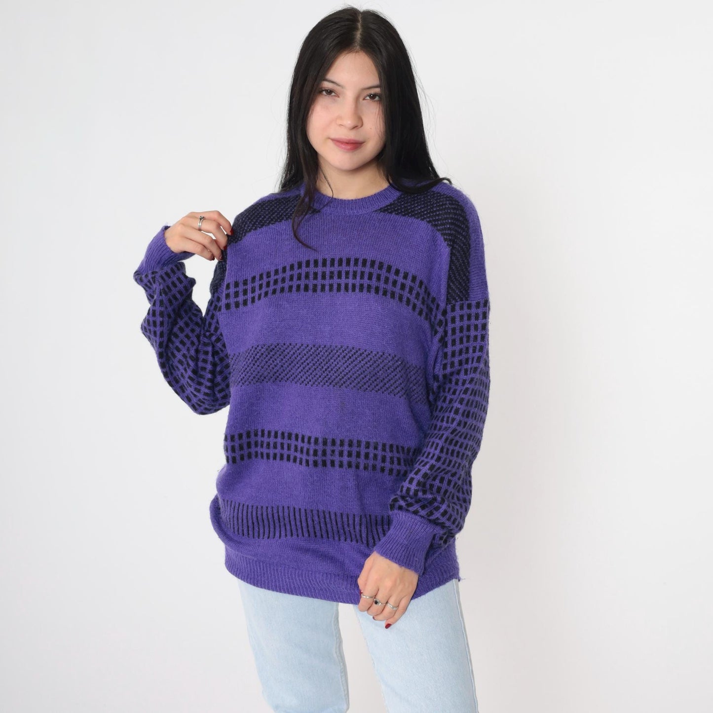 80s Purple Striped Wool Blend Crewneck Pullover Sweater Grid Print Medium
