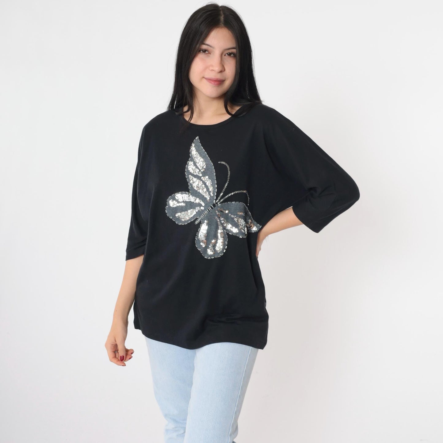 80s Sequin Butterfly T-Shirt Silver Beaded Graphic 3/4 Sleeve Medium