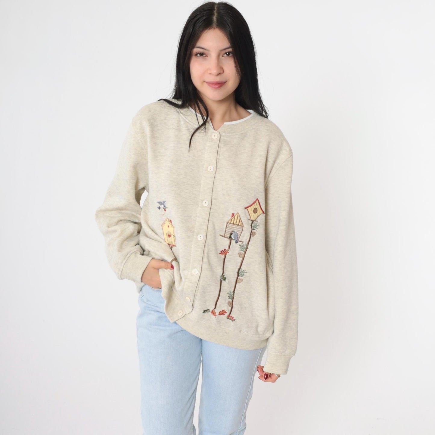 90s BonWorth Birdhouse Cardigan Sweatshirt Cream Embroidered Birds Medium