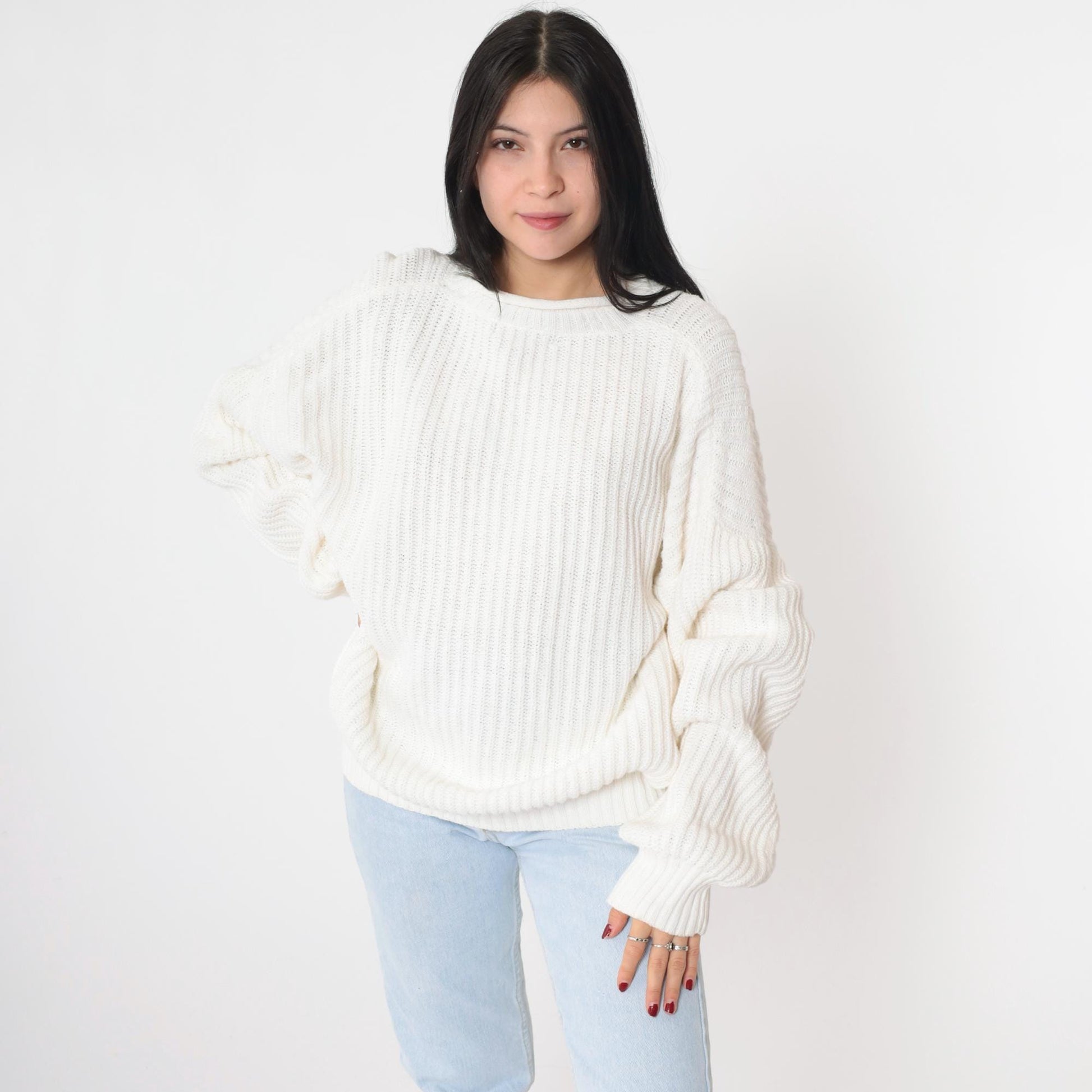 90s Structure White Ramie Cotton Roll Neck Sweater Ribbed Knit Large L