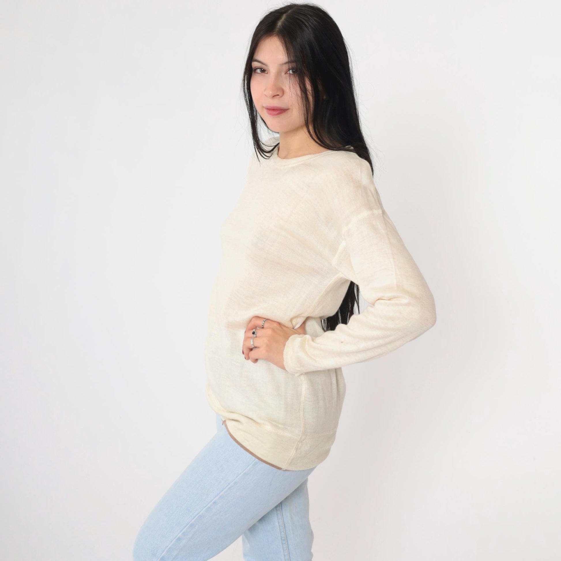 80s Space Man Wool Sweater Cream Crewneck Knit Medium