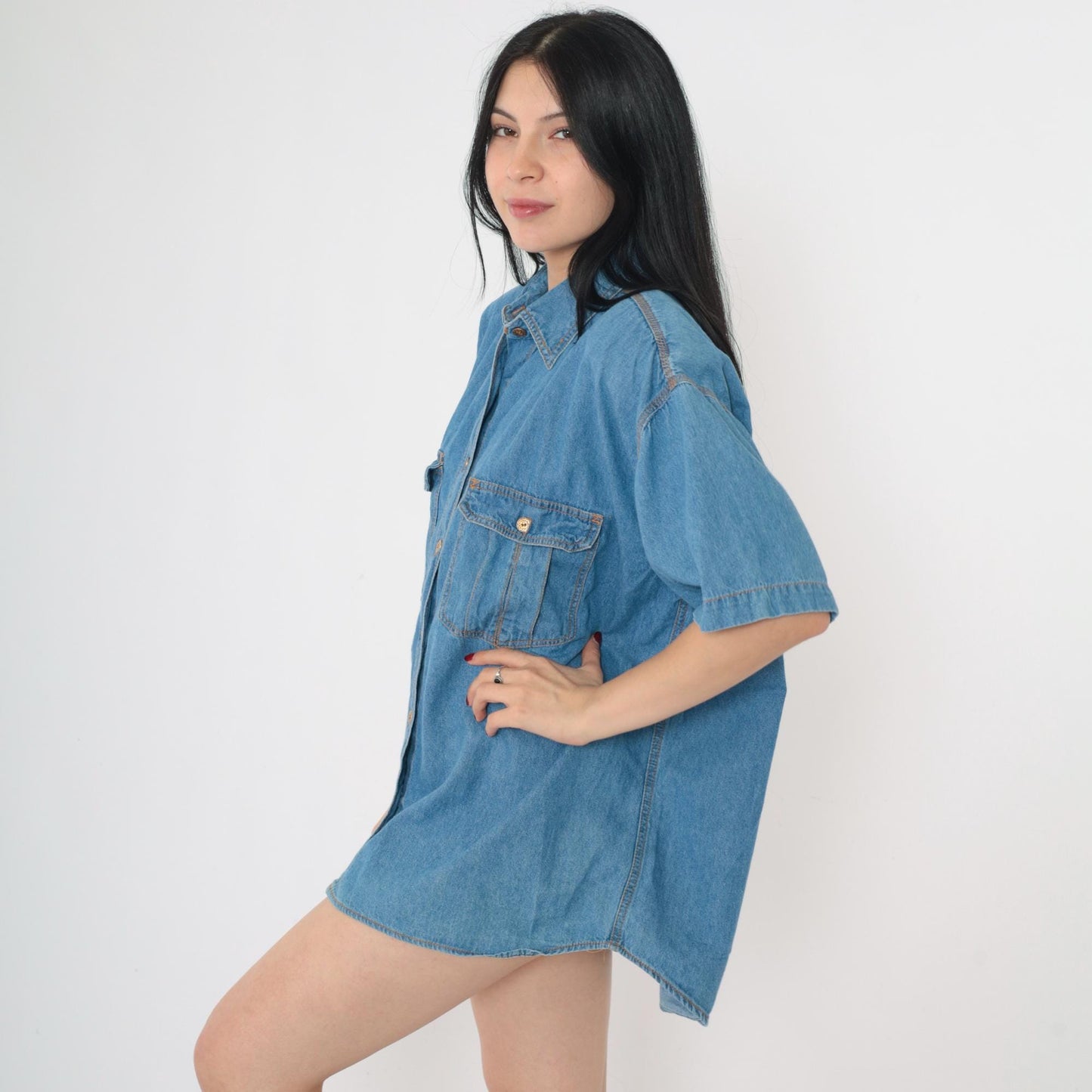 90s Blue Denim Button-Up Shirt Short Sleeve Collared Cotton Medium