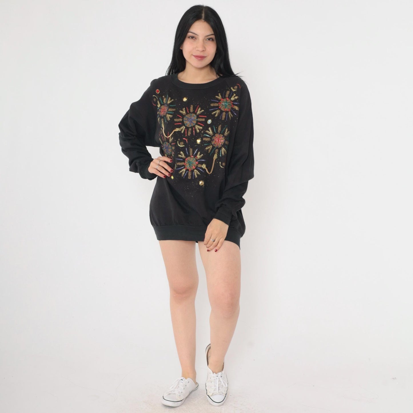 90s Hand Painted Beaded Geometric Sweatshirt Black Raglan Crewneck Medium M