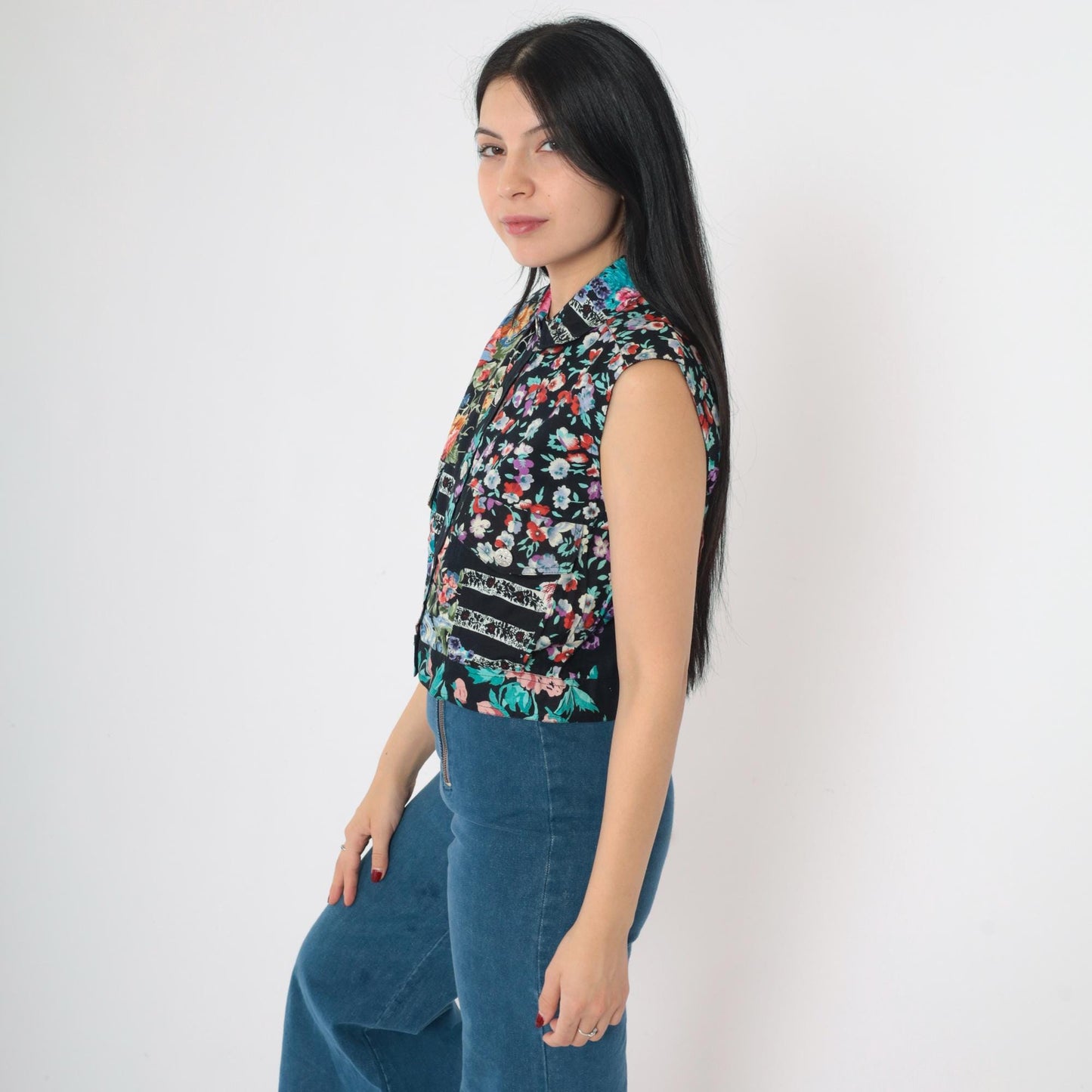 90s Cotton Express Floral Patchwork Crop Top Sleeveless Button-Up Medium