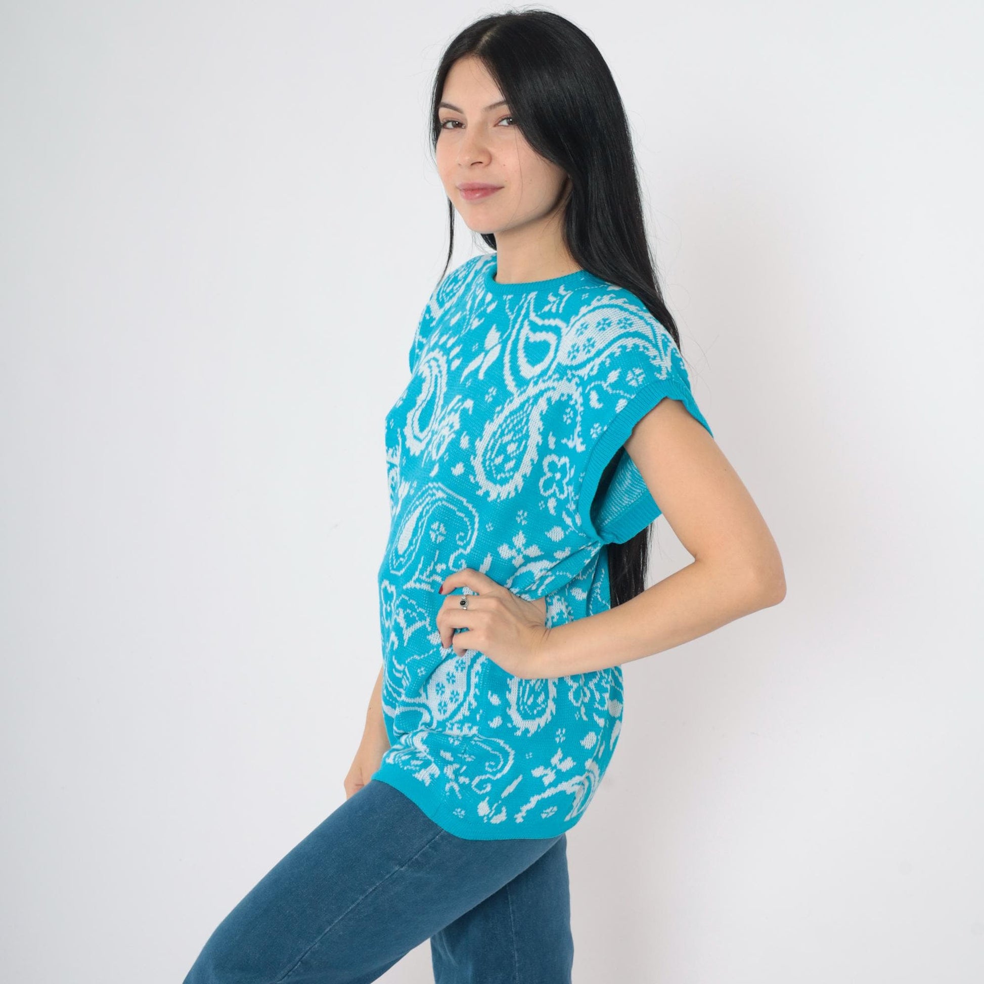 80s Blue Paisley Floral Knit Sweater Top Short Sleeve Medium M