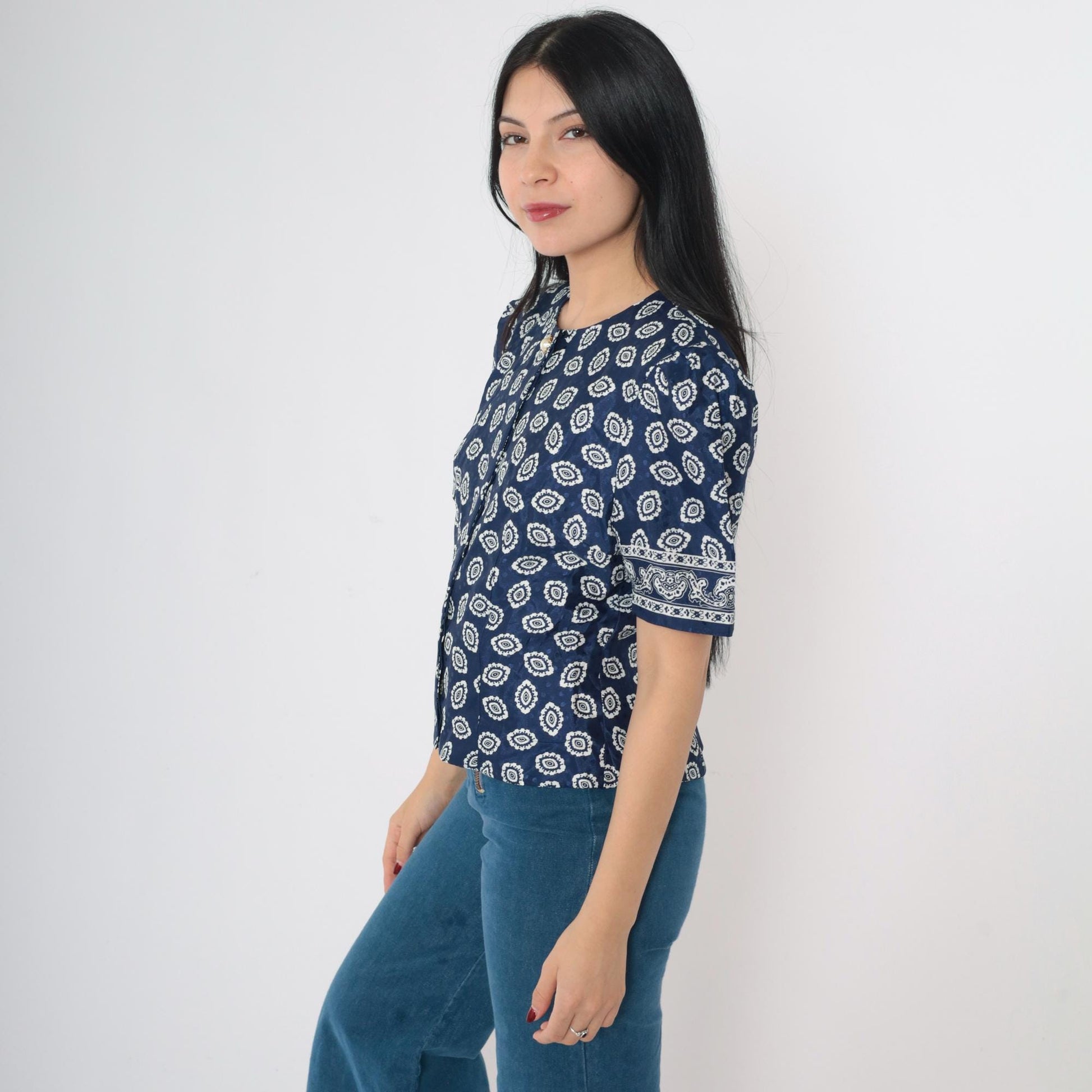 80s Blue Geometric Medallion Puff Sleeve Blouse Pearl Button Small