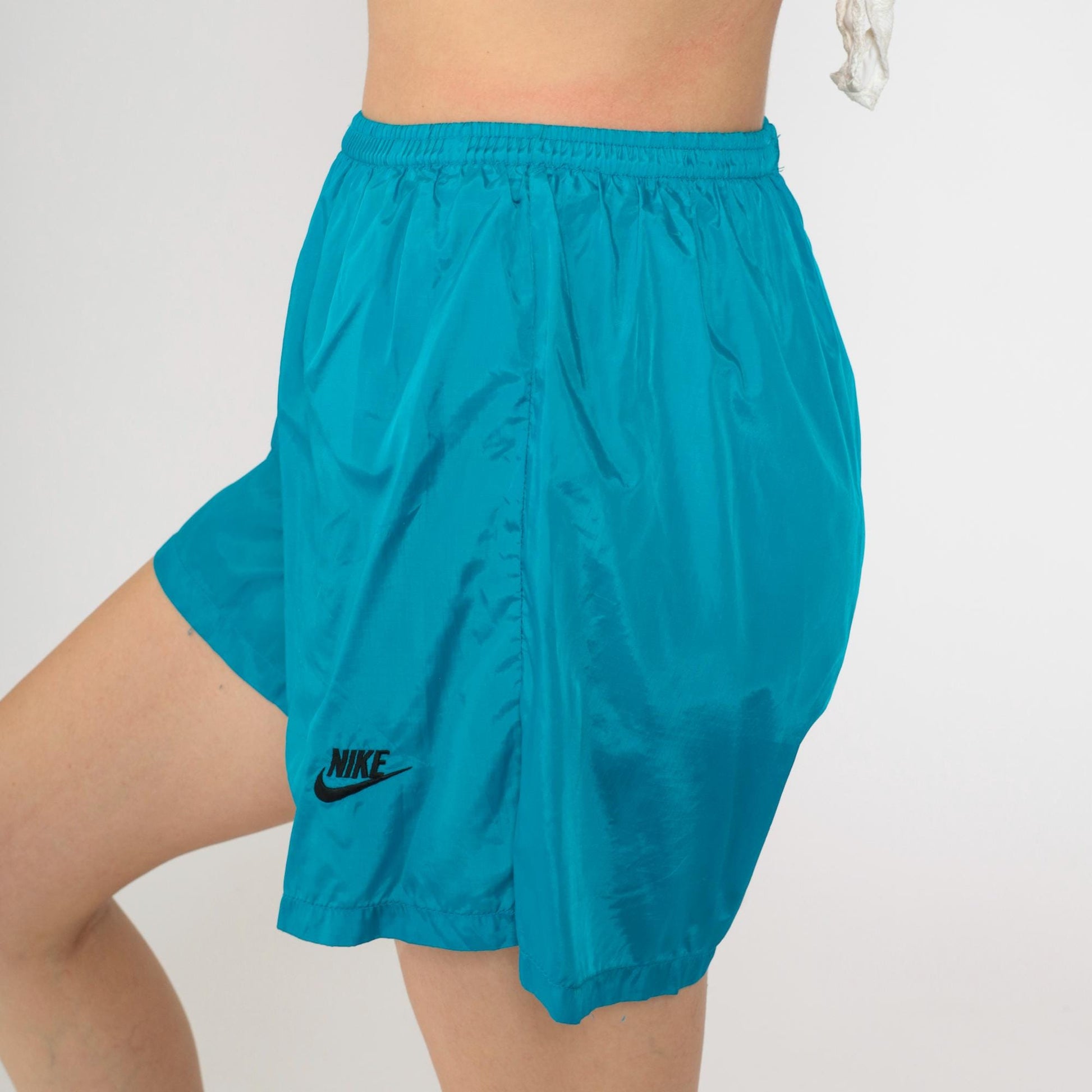Y2K Nike Nylon Athletic Shorts Teal Blue Elastic Waist Medium