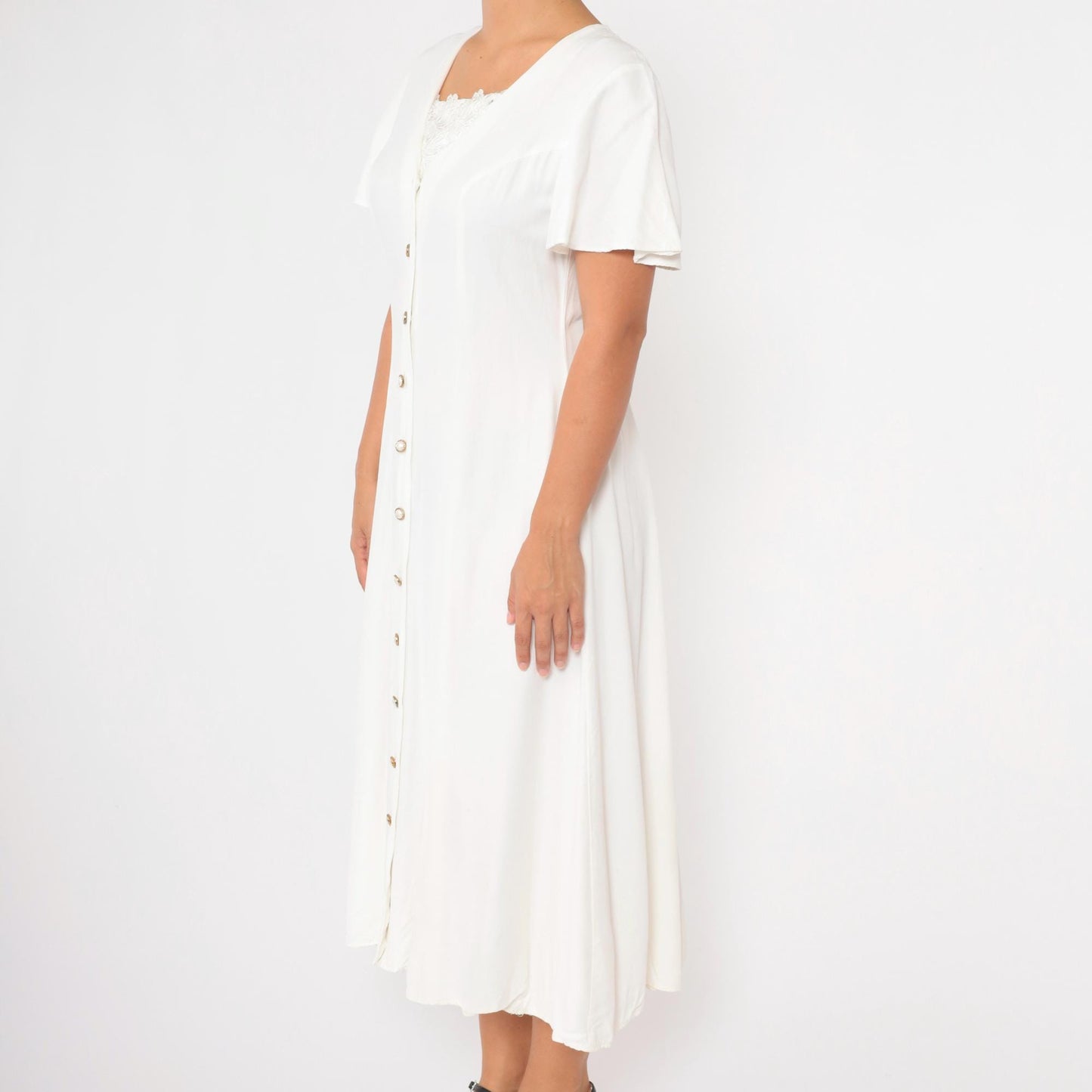 90s White Midi Dress Flutter Sleeve Lace Trim Button Up A-Line Medium