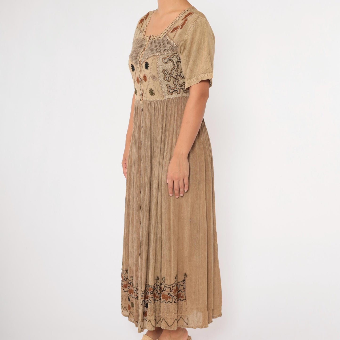 00s M.P.H. Embroidered Floral Maxi Dress Tan Button-Up Crochet Small S
