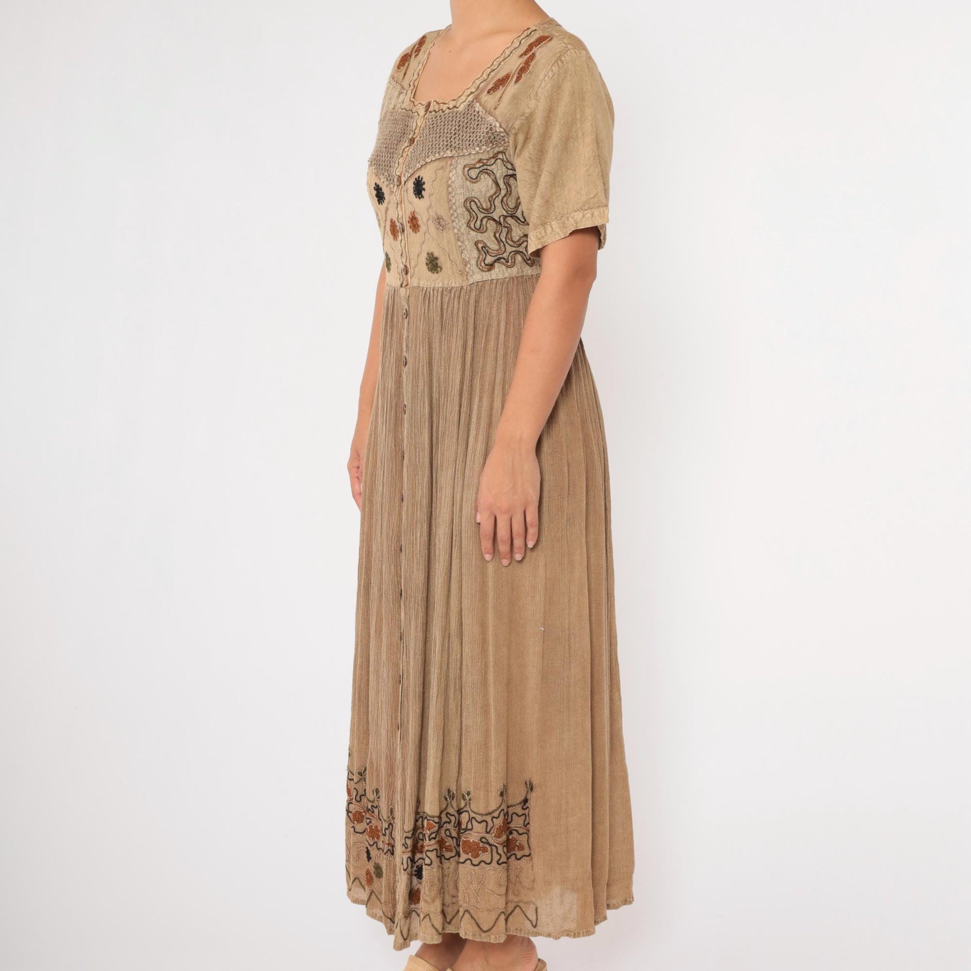 00s M.P.H. Embroidered Floral Maxi Dress Tan Button-Up Crochet Small S