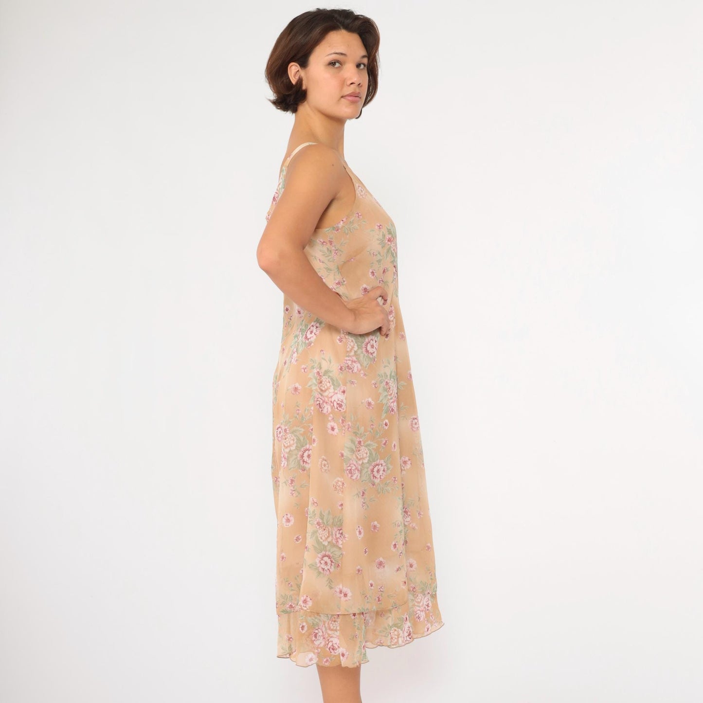 90s Sag Harbor Floral Chiffon Midi Dress Tan Tiered Sleeveless Large 14
