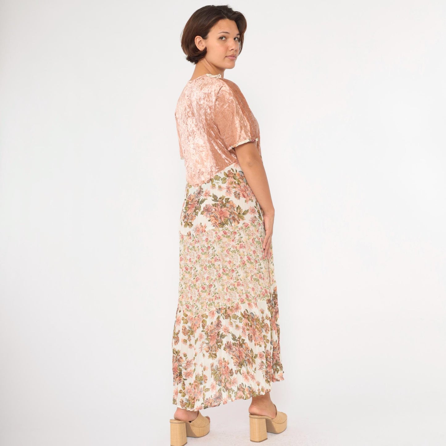 90s Velvet Gauze Tiered Floral Maxi Dress Blush Pink Lace Trim Large L