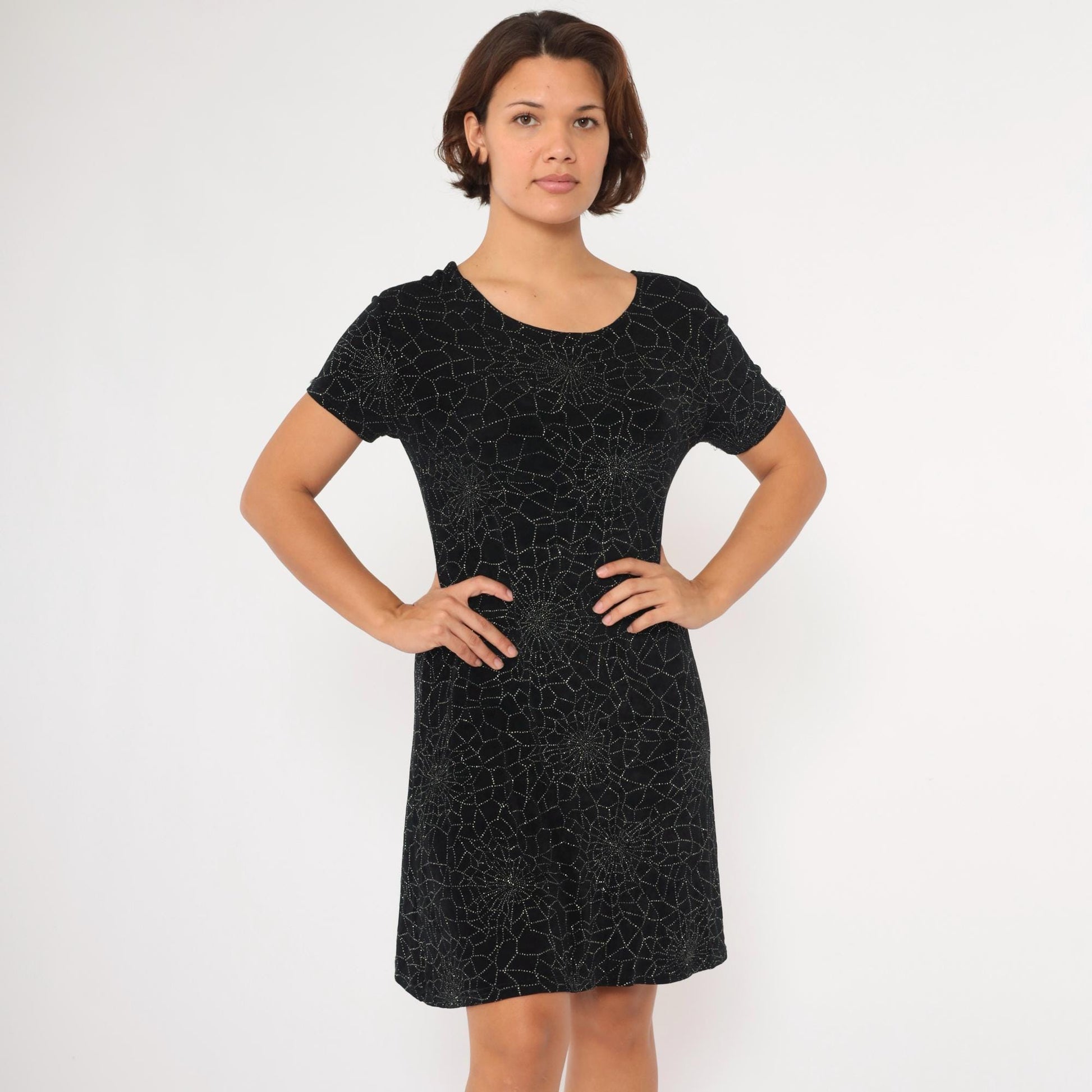 90s Spiderweb Sparkle Mini Dress Black Shift Short Sleeve Large