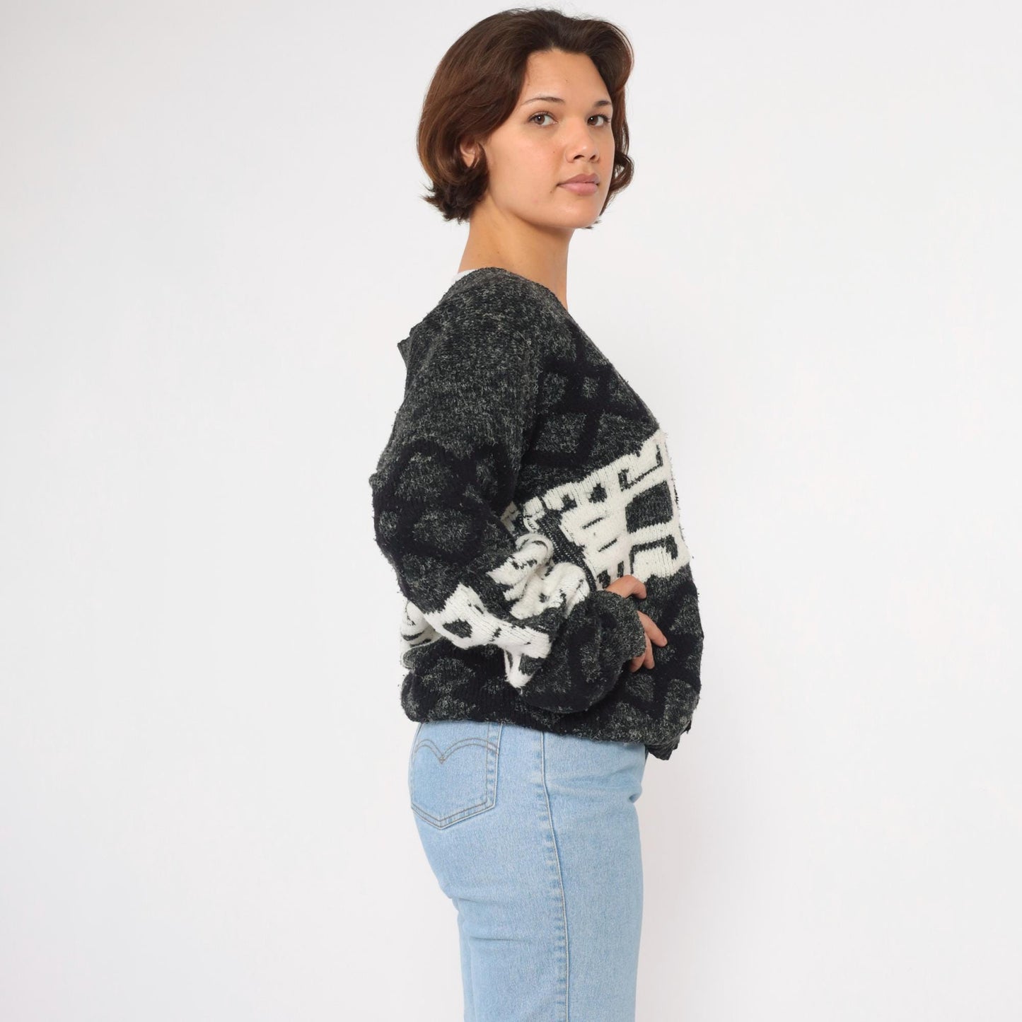 90s J.J. Blu Geometric Cardigan Grey Knit Abstract Button-Up Small