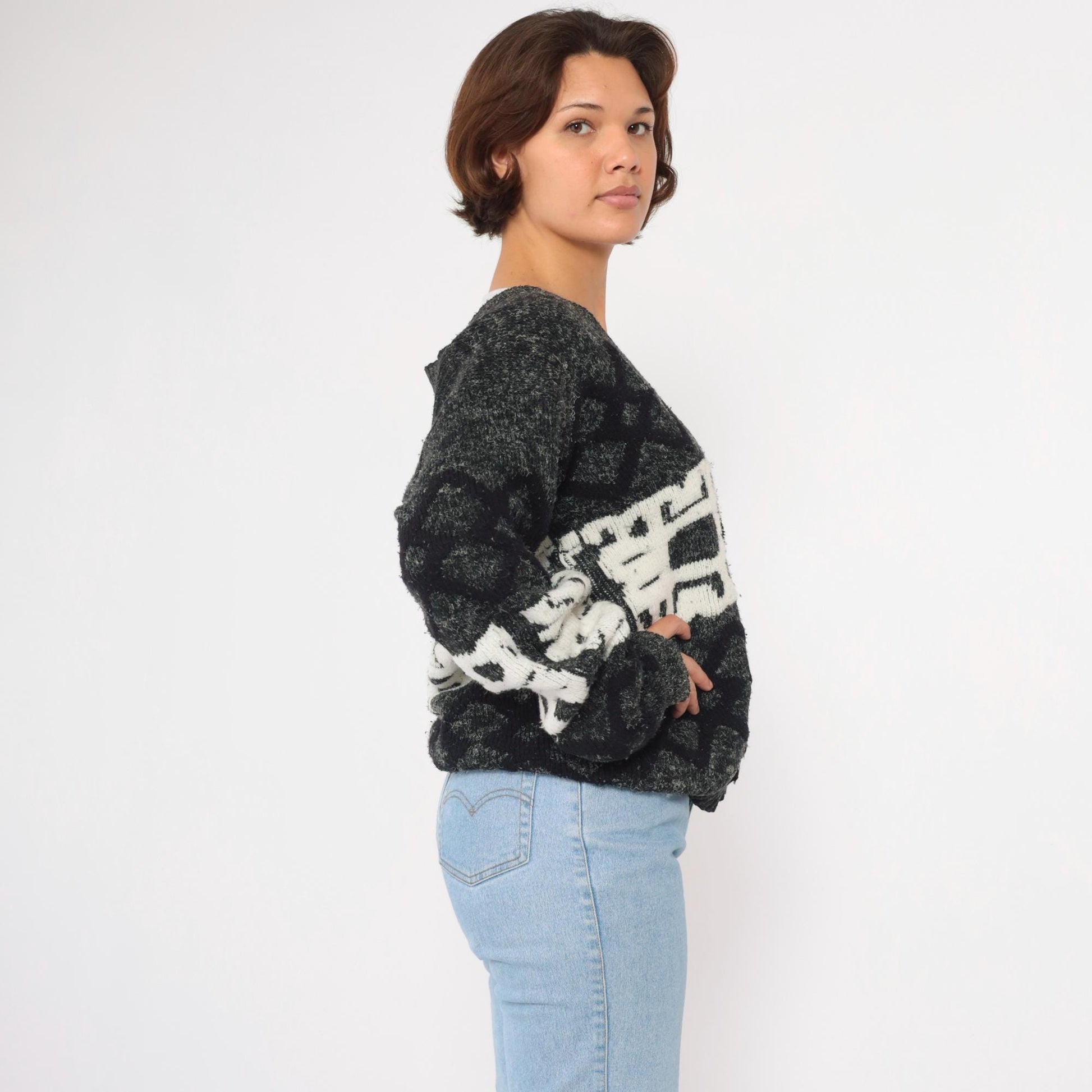 90s J.J. Blu Geometric Cardigan Grey Knit Abstract Button-Up Small