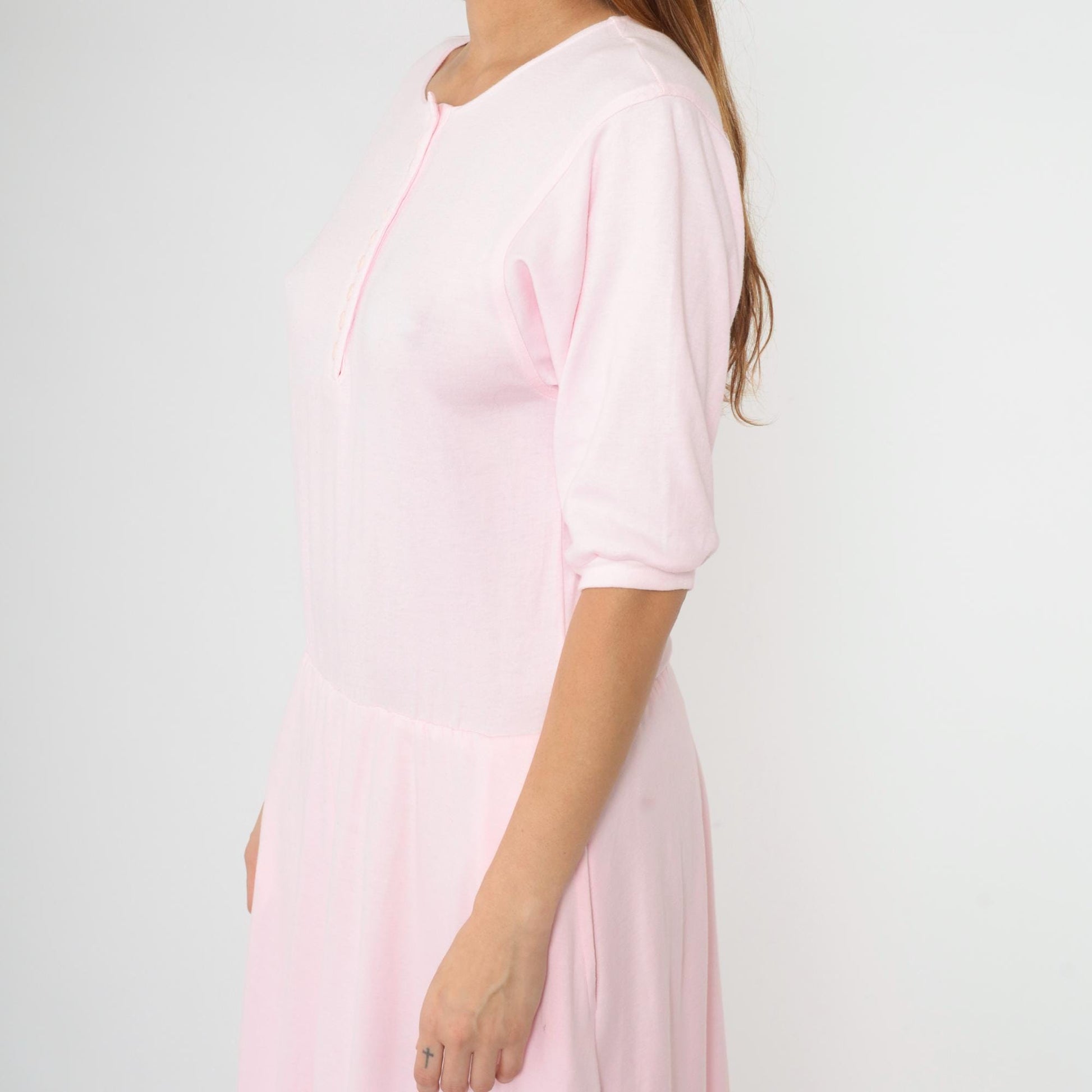 80s Baby Pink Midi Shirtdress Button-Up High Waist Half Sleeve Medium