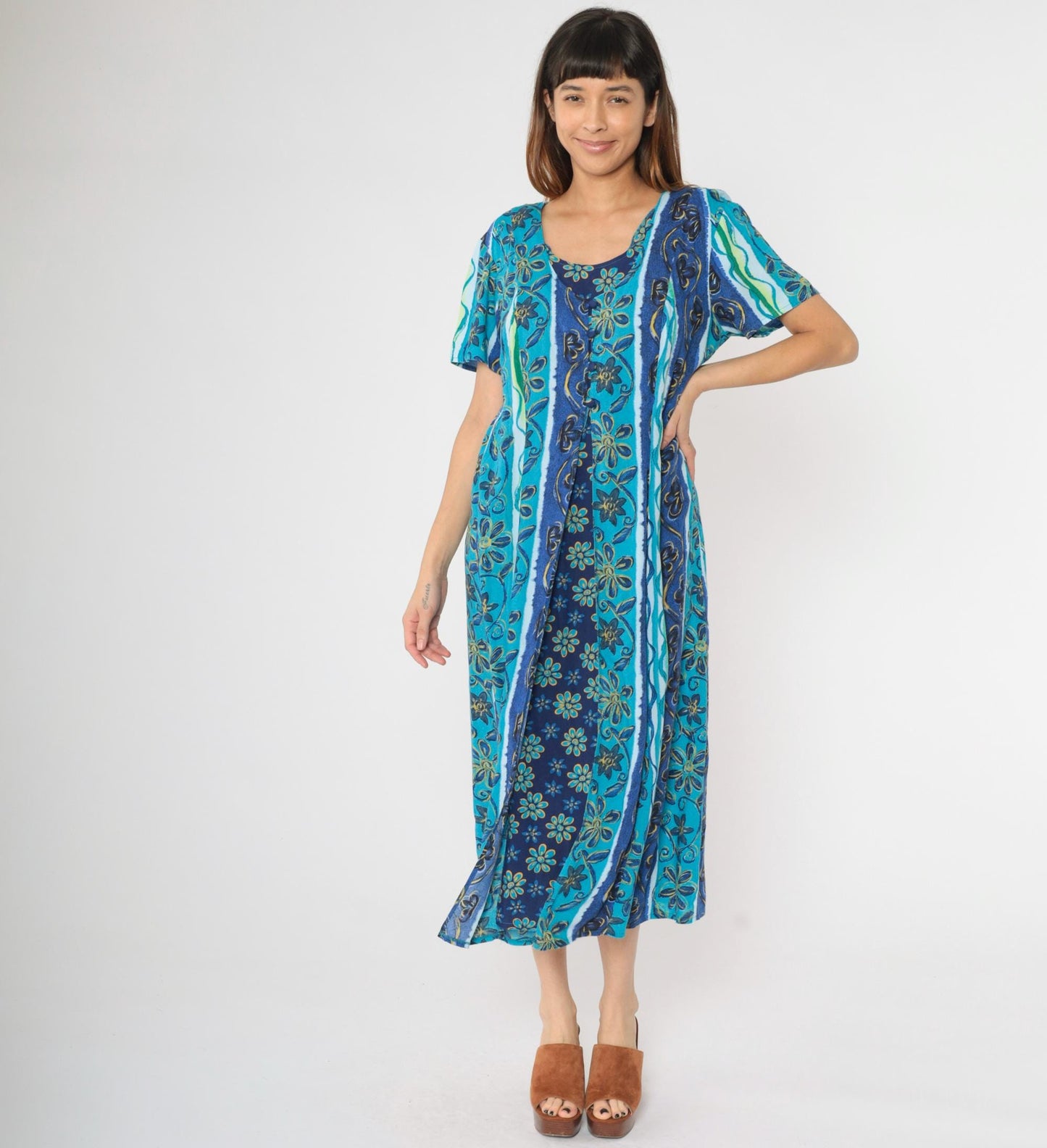 Y2K Blue Striped Floral Button-Up Midi Dress Short Sleeve Ankle Length Size 16