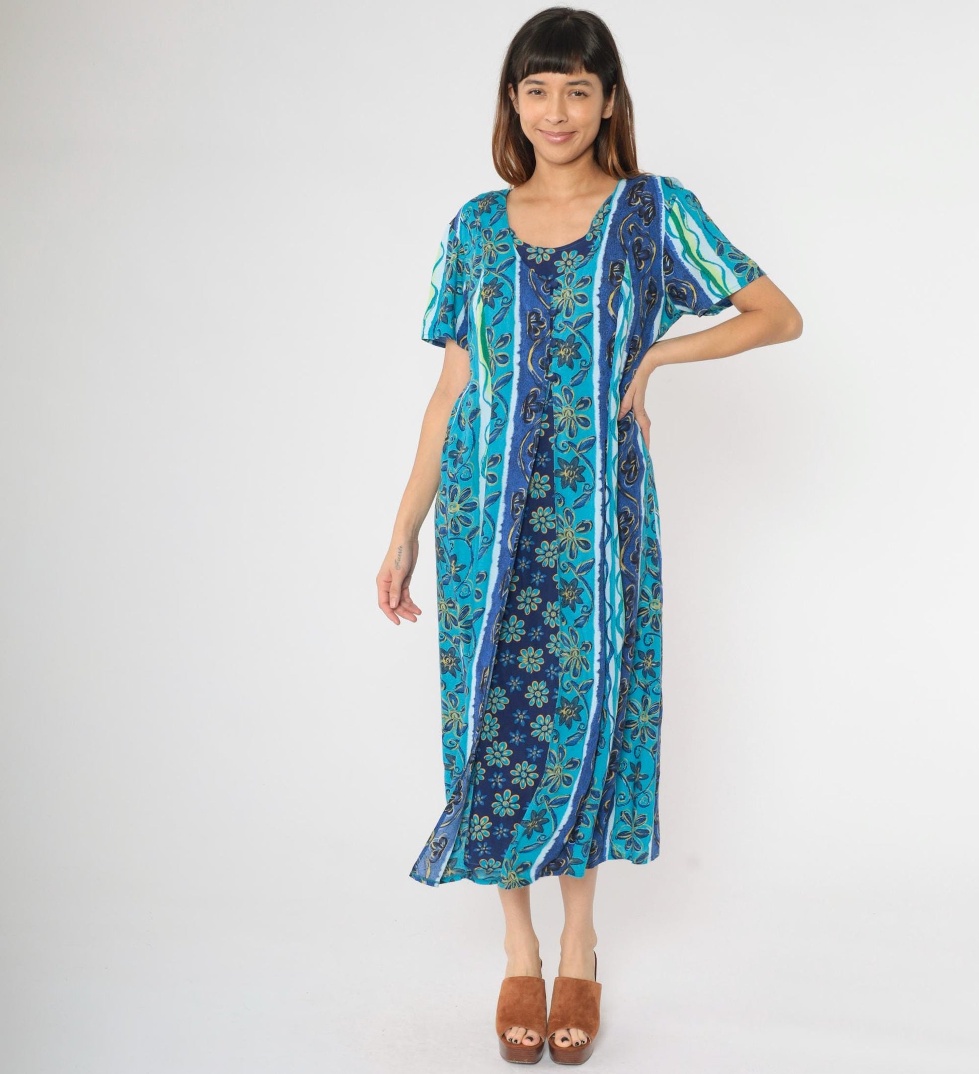 Y2K Blue Striped Floral Button-Up Midi Dress Short Sleeve Ankle Length Size 16