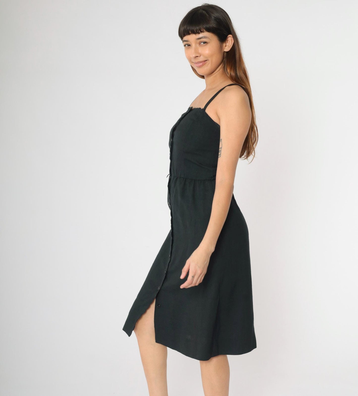 80s Black Midi Sundress Scalloped Neckline Button Front High Waist Spaghetti Strap XS