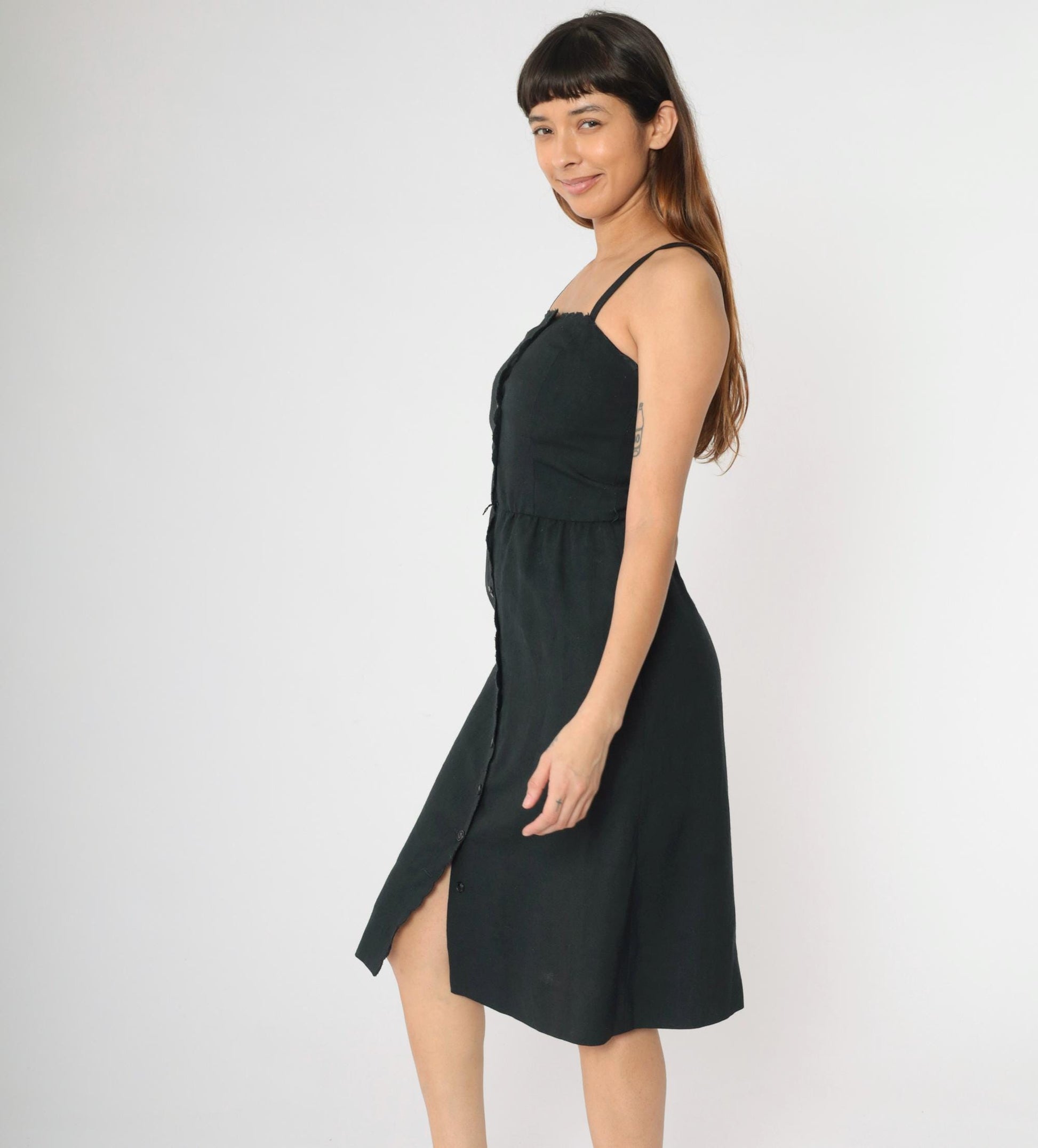 80s Black Midi Sundress Scalloped Neckline Button Front High Waist Spaghetti Strap XS