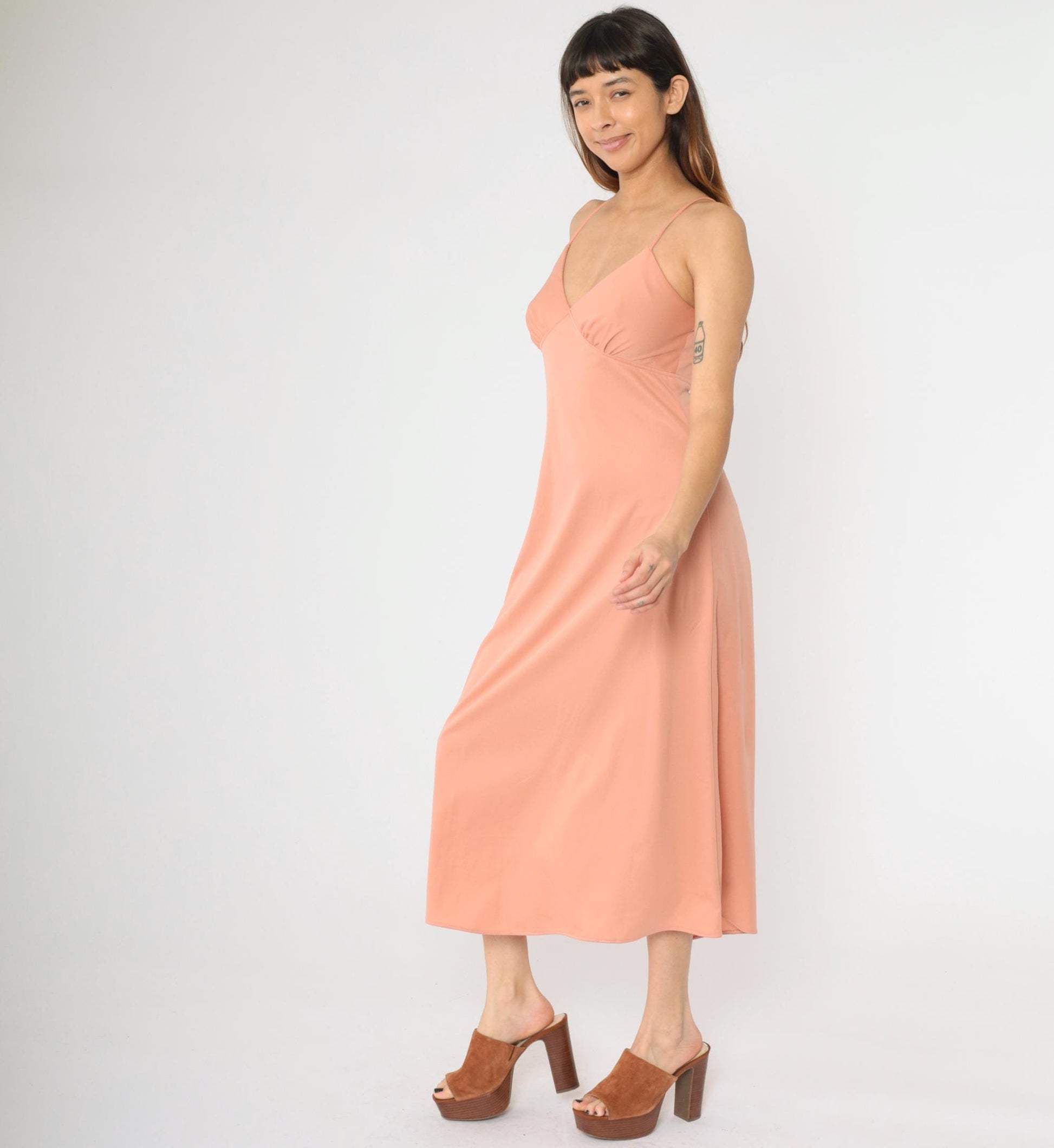 1970s Dusty Pink Empire Waist Maxi Dress V-Neck Spaghetti Strap Small