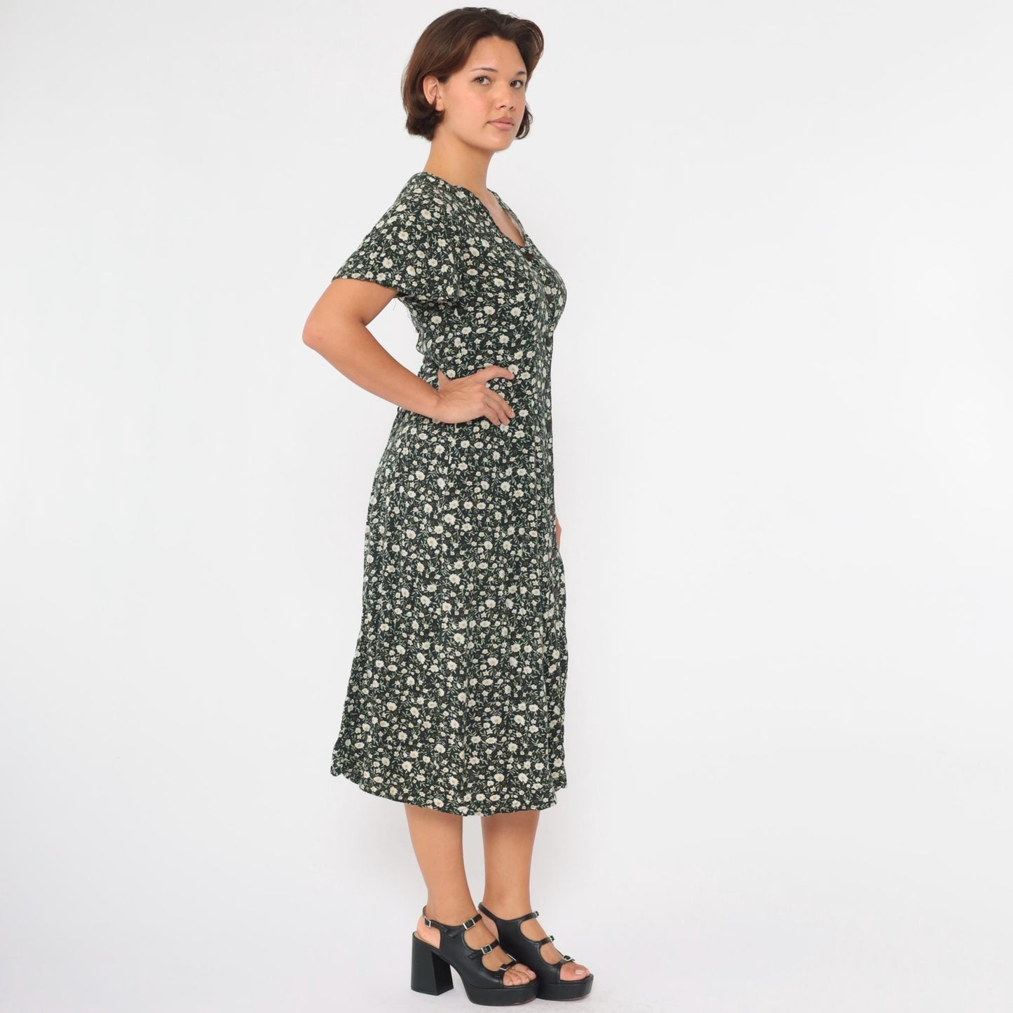 90s Black Floral Midi Dress Flutter Sleeve Button-Up Green White Small S
