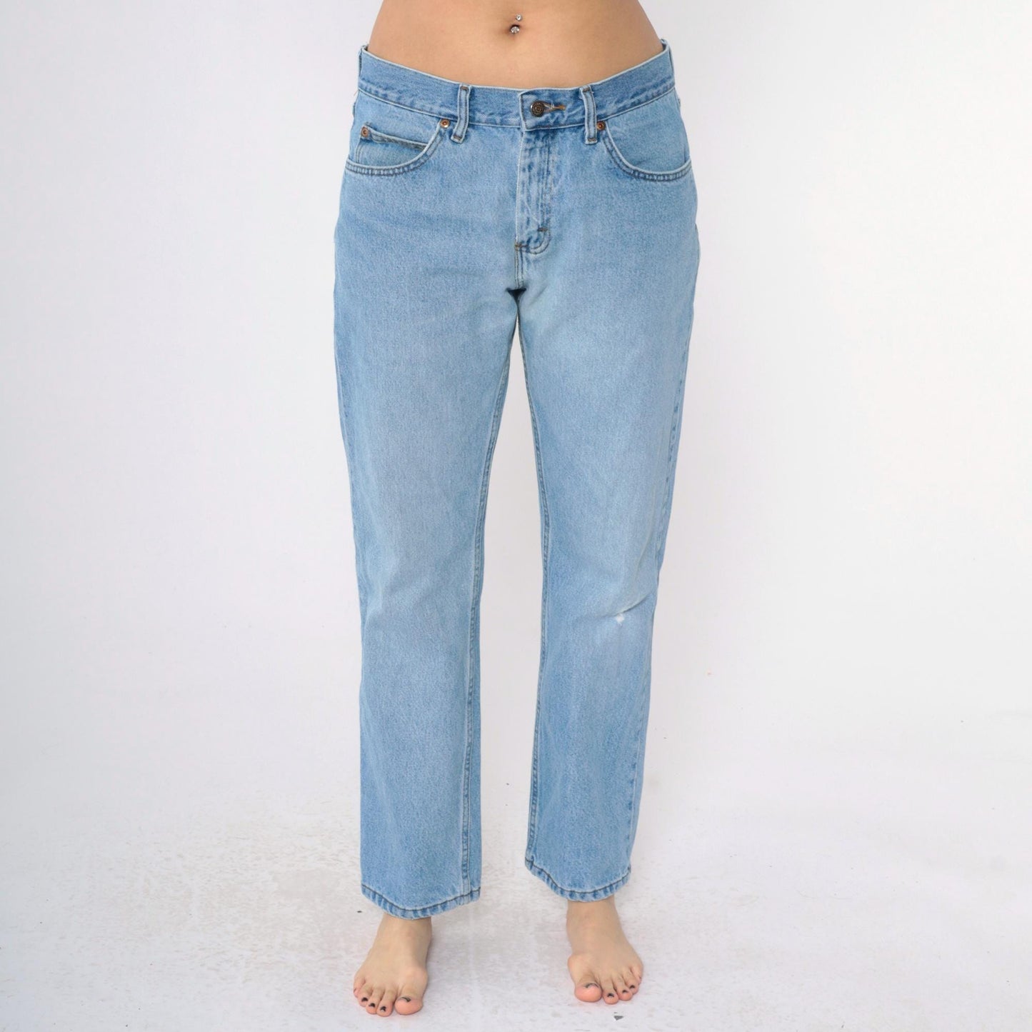 90s Lee Jeans Men's 33x30 High Waist Straight Leg Knee Rip Blue Denim