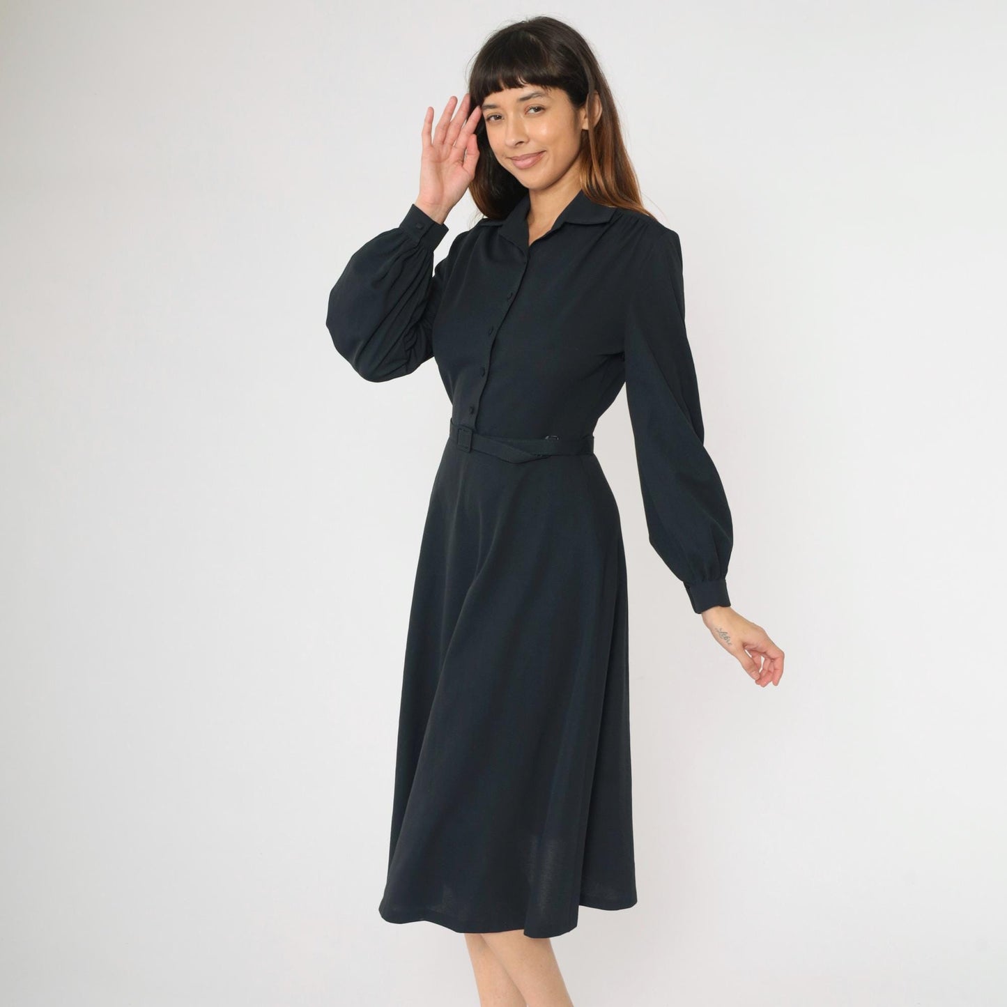 70s Black Midi Shirtdress Button-Up High Waisted Belted Collared Small S