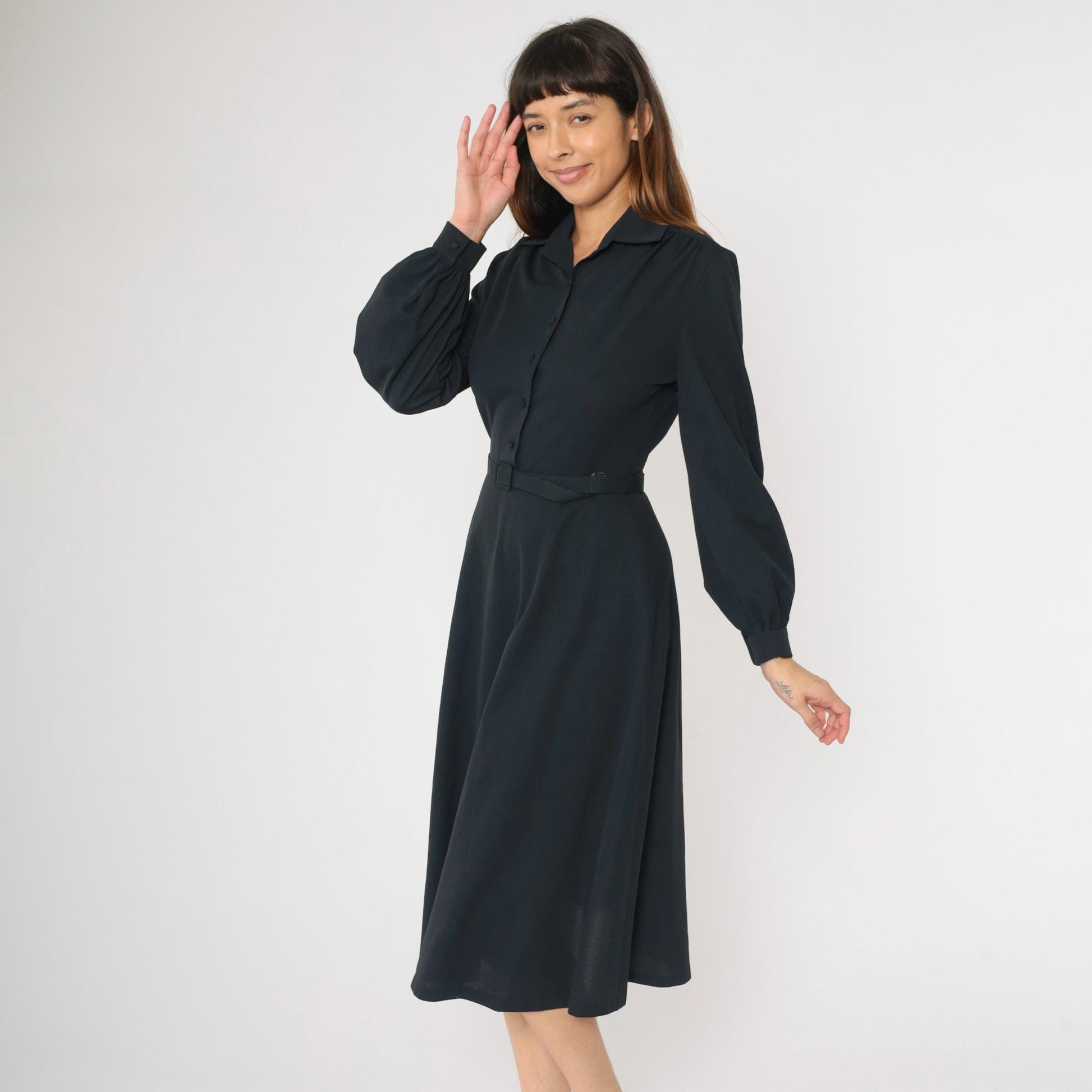 70s Black Midi Shirtdress Button-Up High Waisted Belted Collared Small S