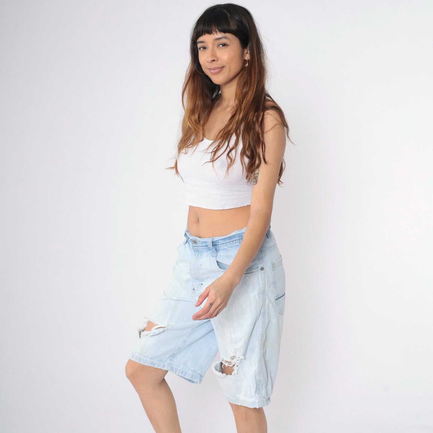 Y2K South Pole Denim Shorts Light Wash Ripped High Waist Knee Length 32
