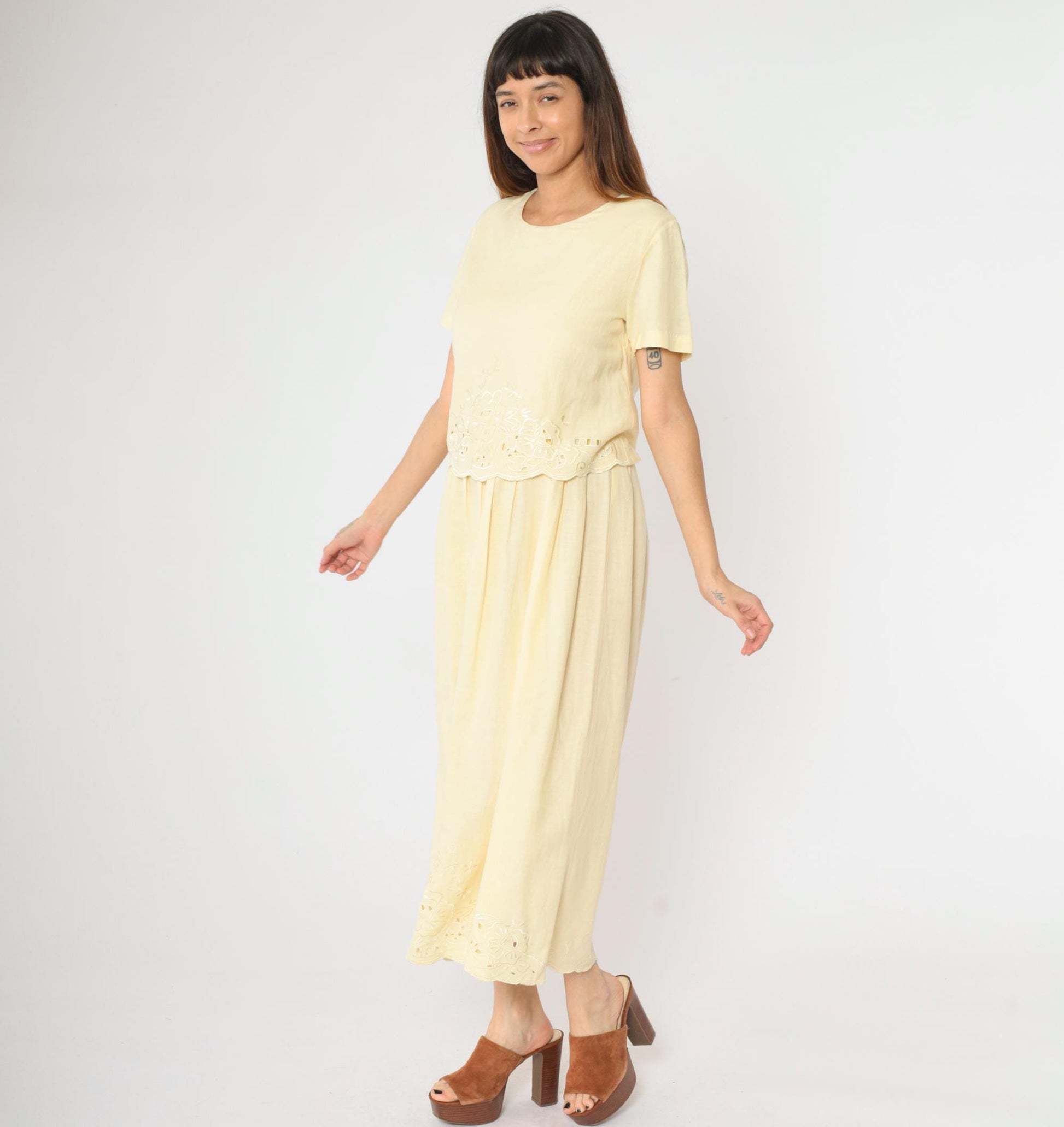 Y2K Coldwater Creek Floral Embroidered Maxi Dress Yellow Eyelet Small 6