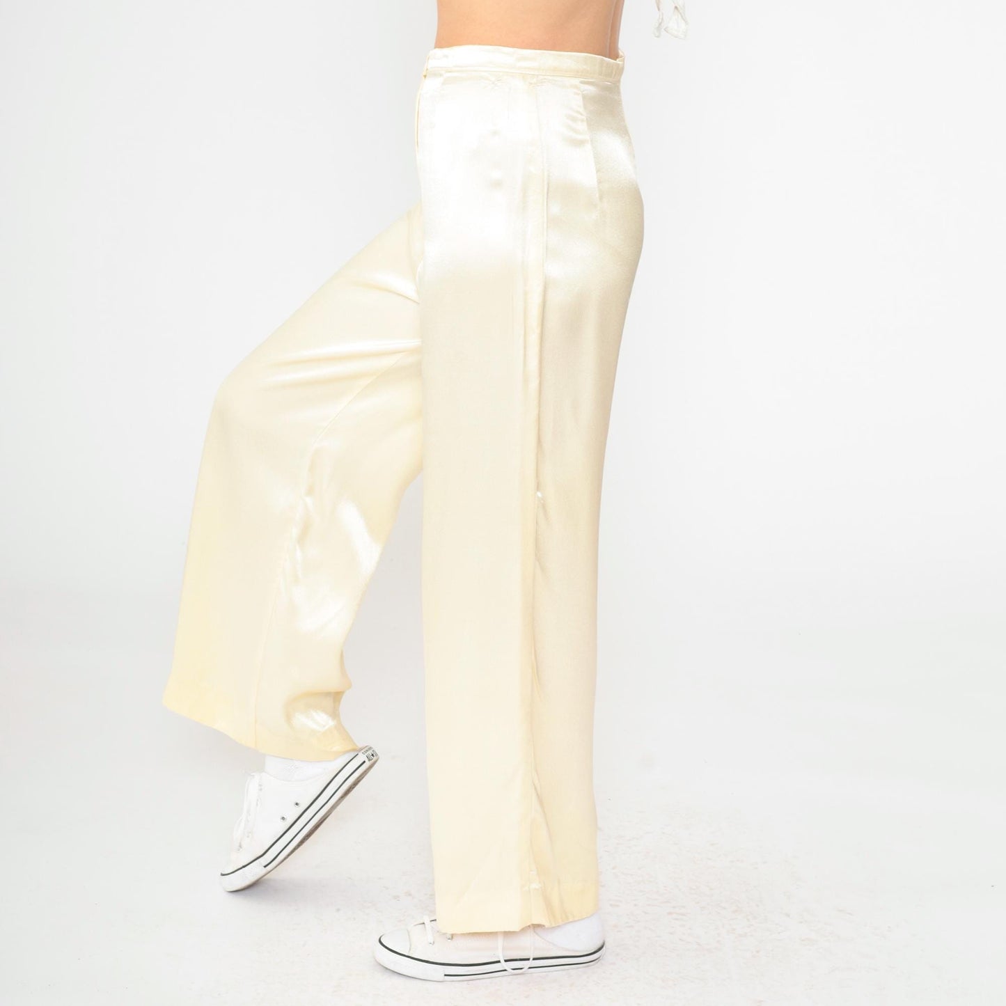 80s Cream Satin High-Rise Wide-Leg Trousers Small S
