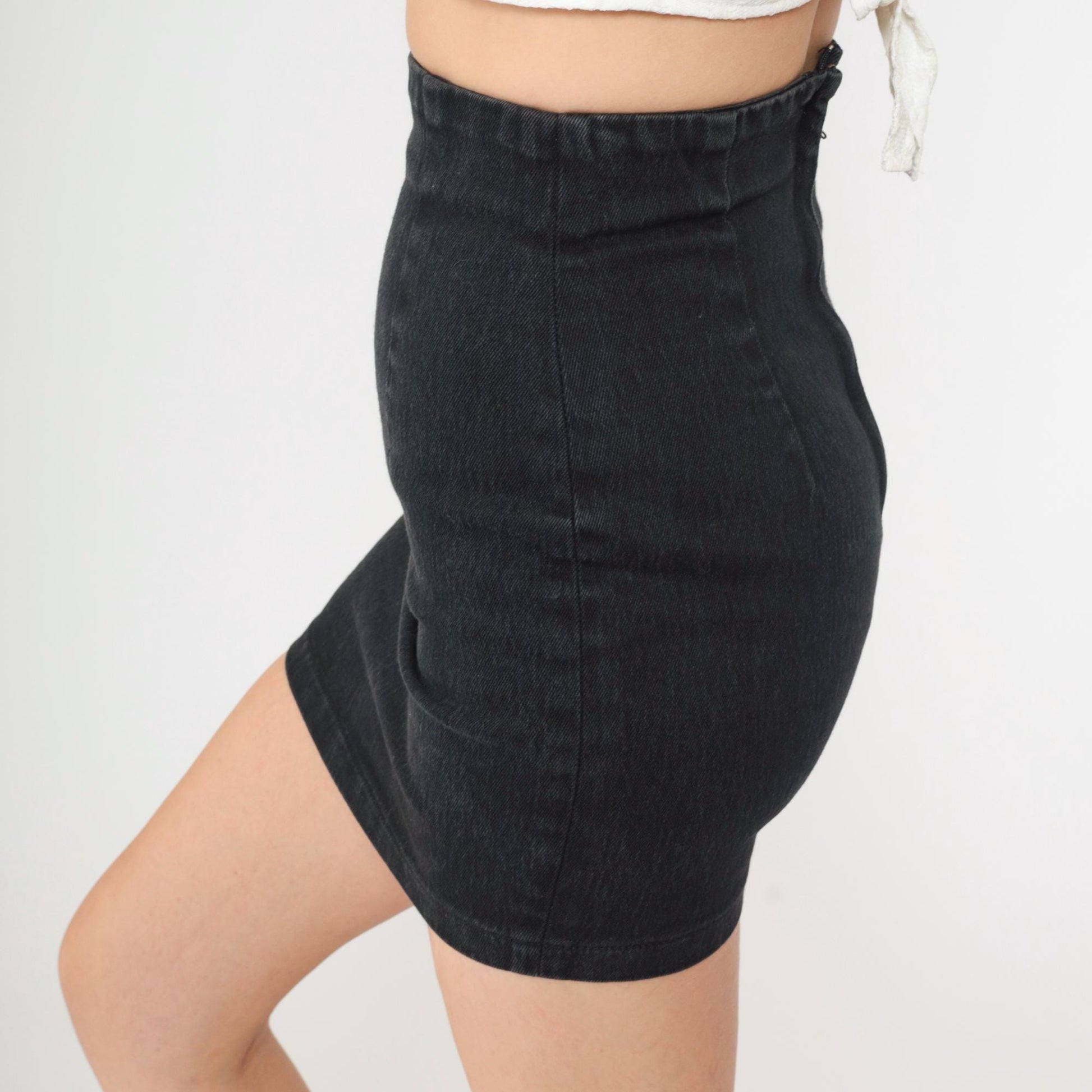 90s Black Denim Mini Skirt High Waist Bodycon Jean Skirt Extra Small