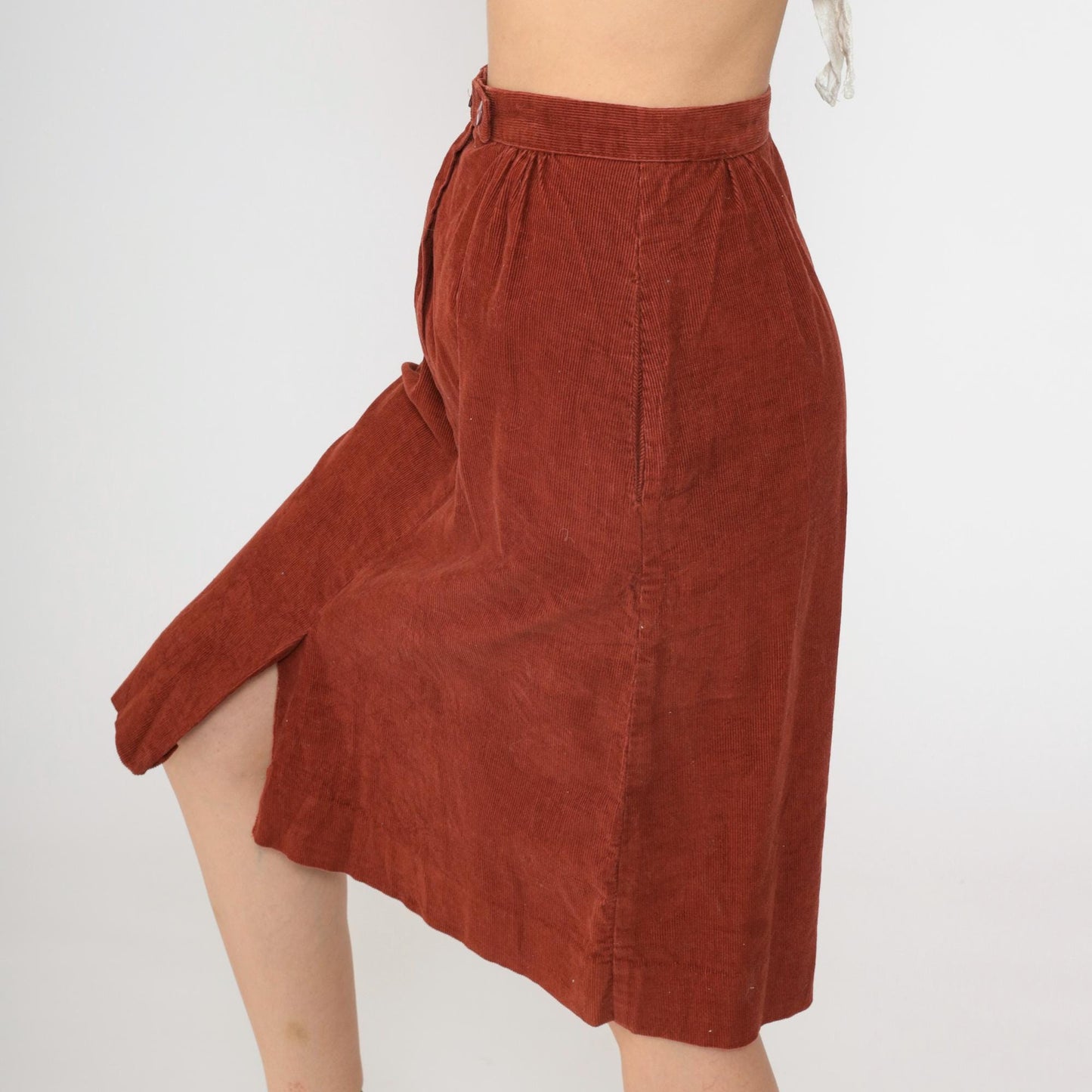 80s Rust Corduroy Midi Skirt High Waist Front Slit Pockets Small