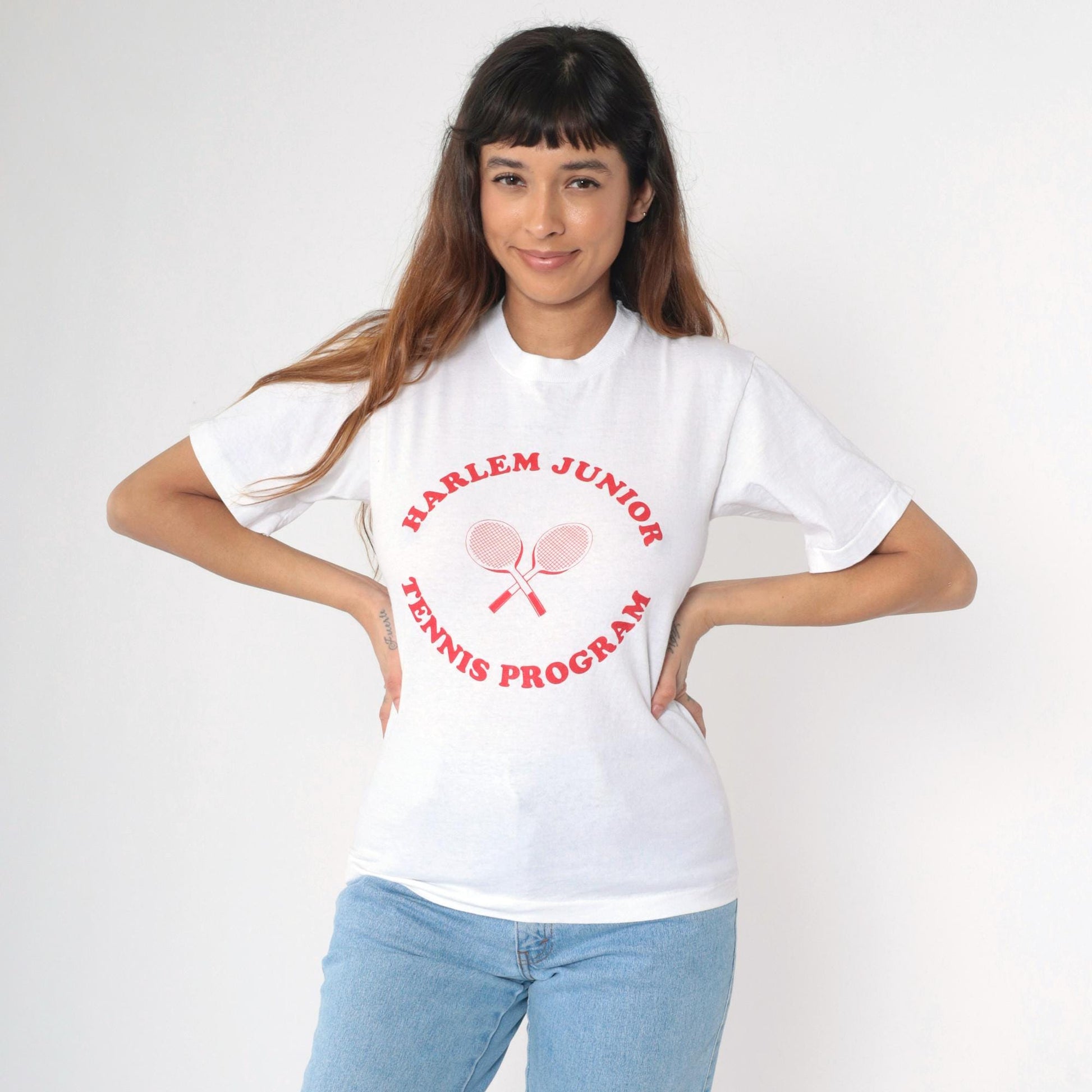 90s Harlem Junior Tennis Program Graphic T-Shirt White Single Stitch Small