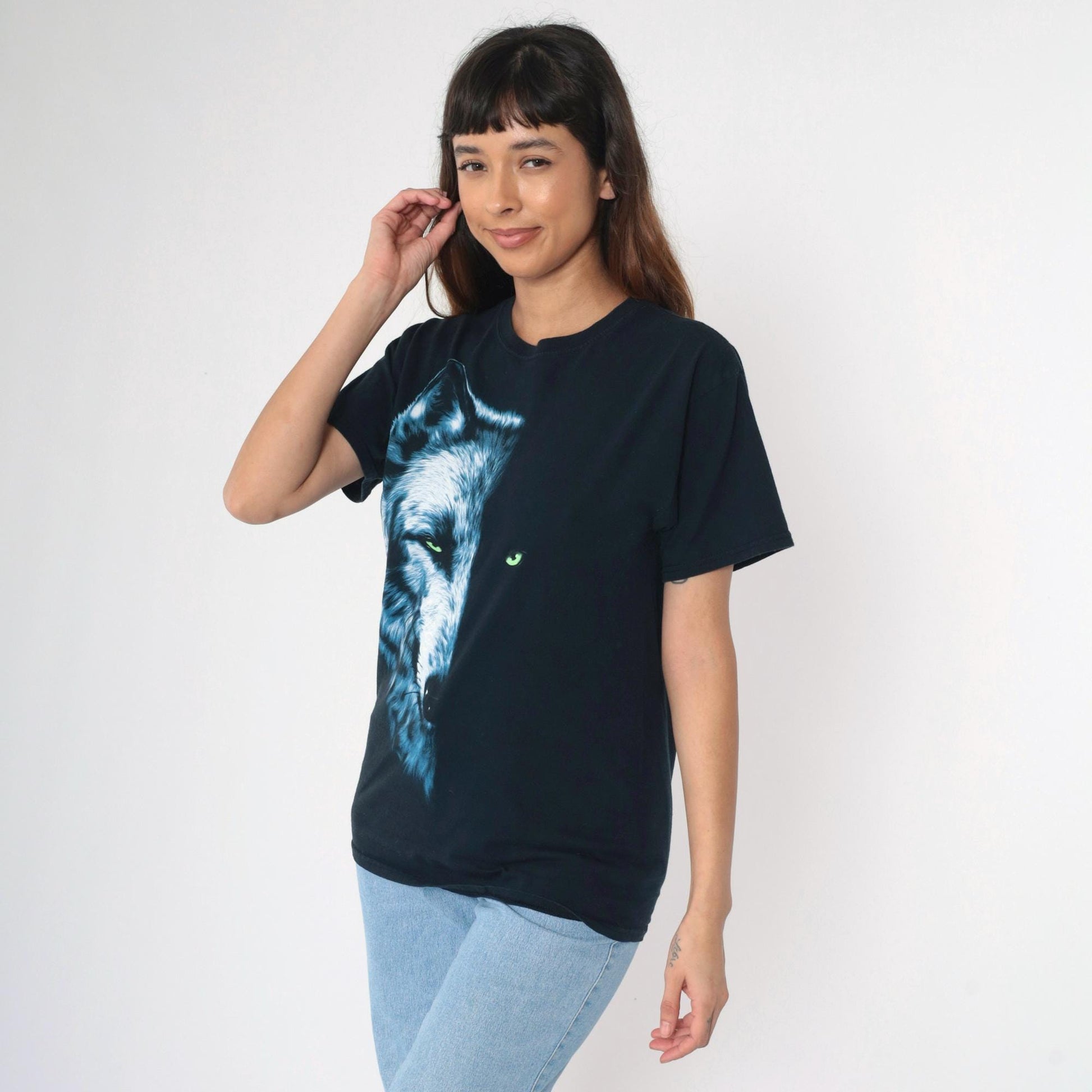 Y2K Wolf Face Graphic T-Shirt Black Cotton Crewneck Medium M