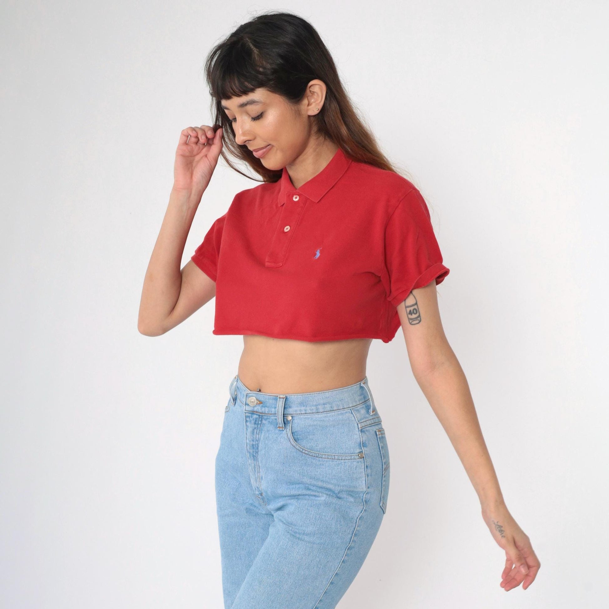 90s Ralph Lauren Crop Top Red Polo Shirt Raw Hem Medium M