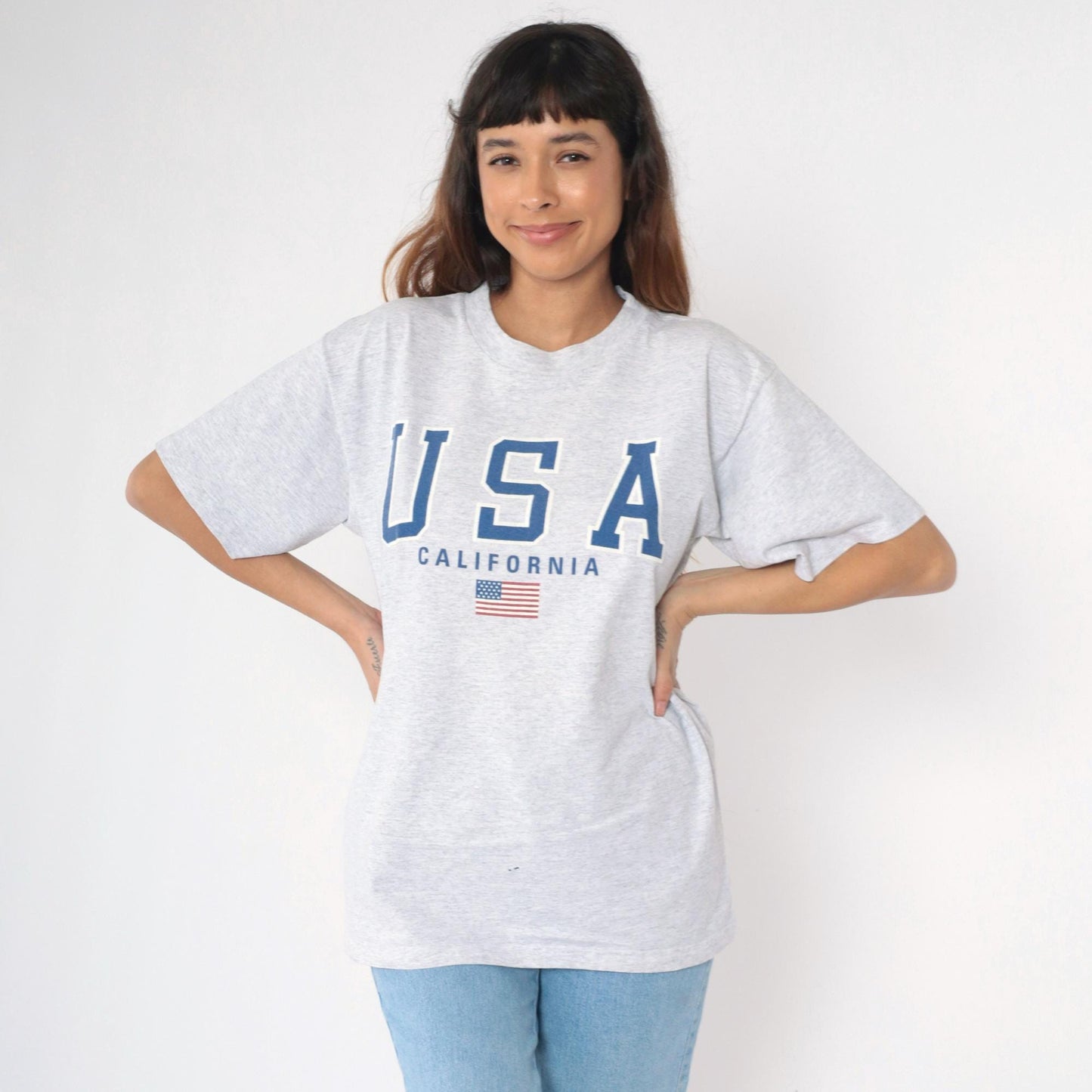 90s California USA American Flag Graphic T-Shirt Heather Grey Large L