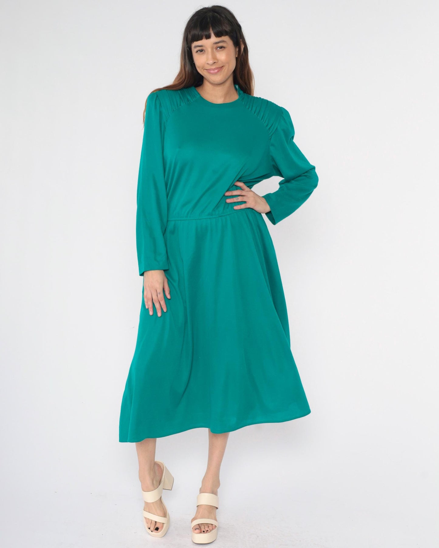 80s Teal Midi Dress Puff Sleeve High Waist Ruched Shoulders Large L
