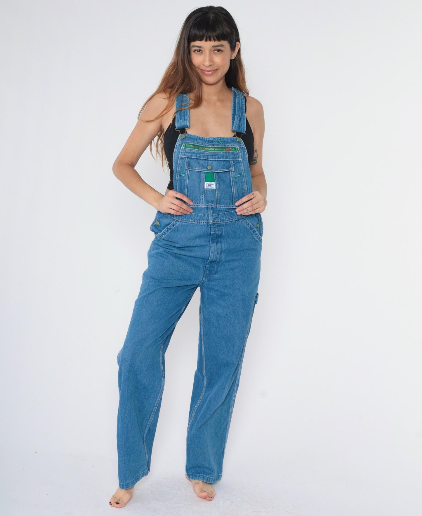 90s Liberty Men's Blue Denim Overalls Hammer Loop Carpenter Bibs Size 32
